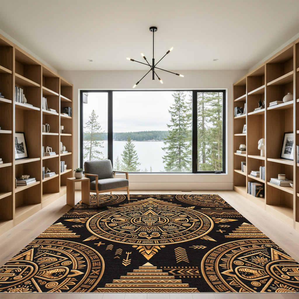 Gold Sun Stone Pyramid Motif Rug