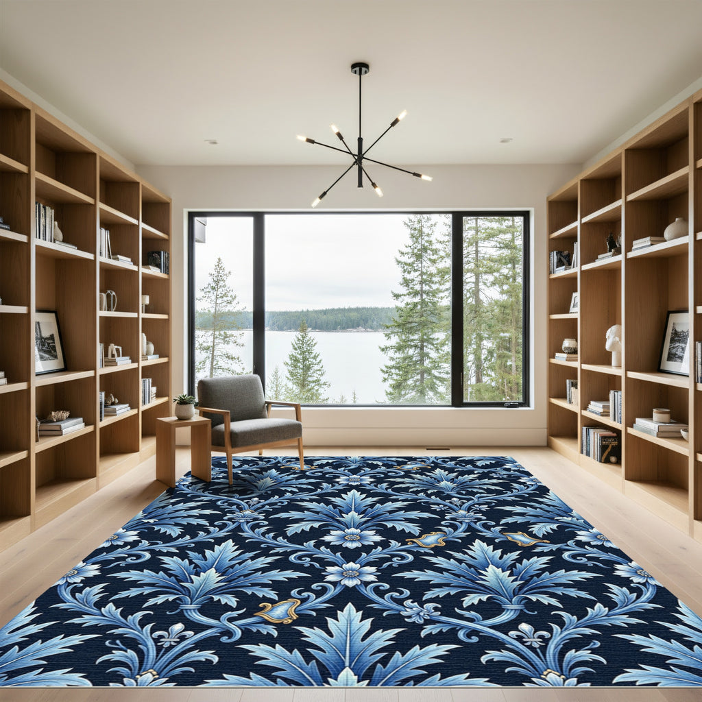 Deep Blue Accented Floral Scroll Rug