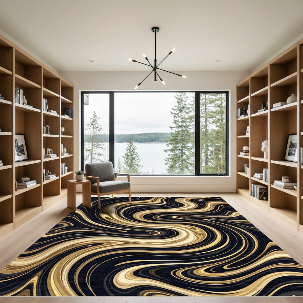 Black Gold Swirl Marble Rug