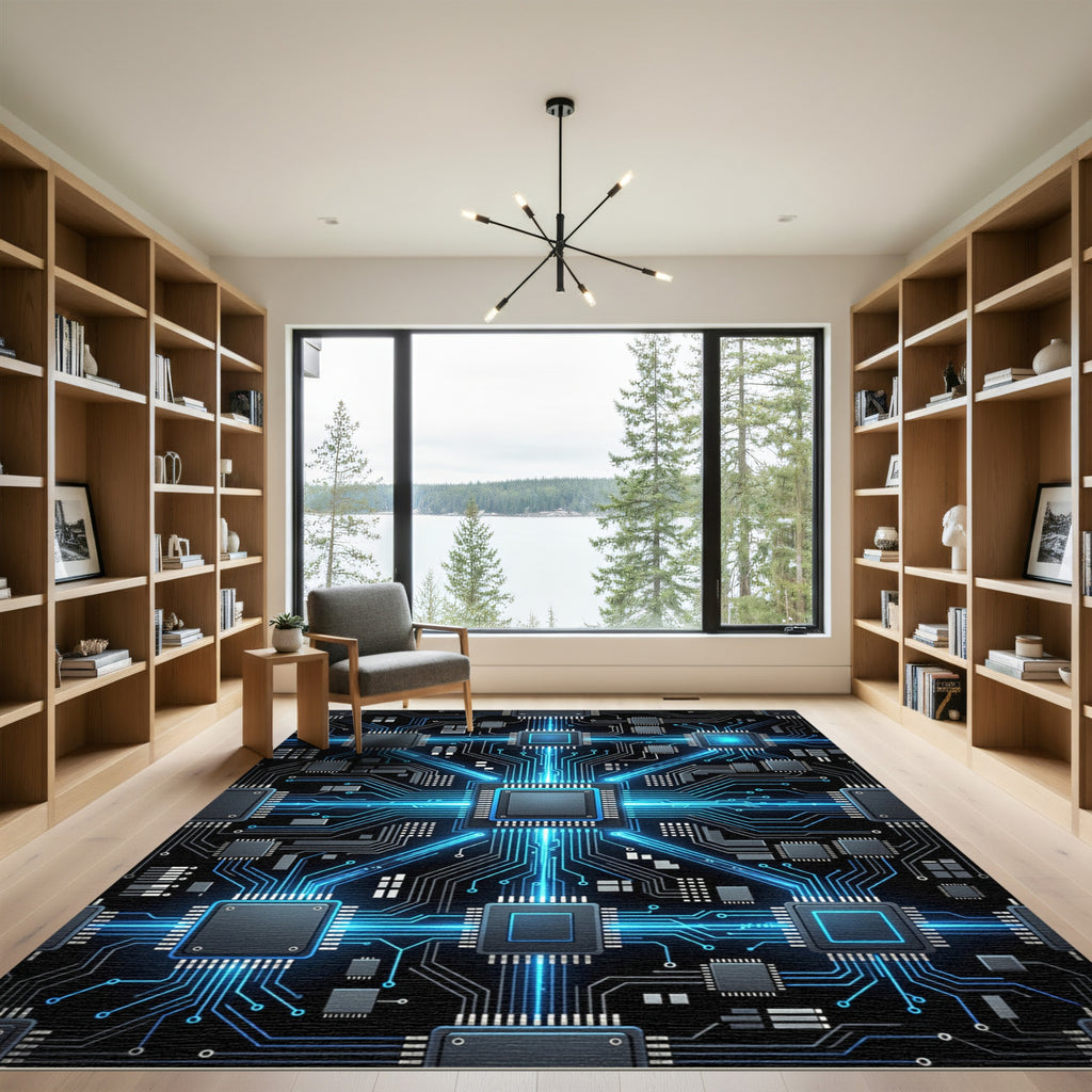 Neon Cyber Circuitry Electric Blue Grid Rug