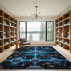 Neon Cyber Circuitry Electric Blue Grid Rug