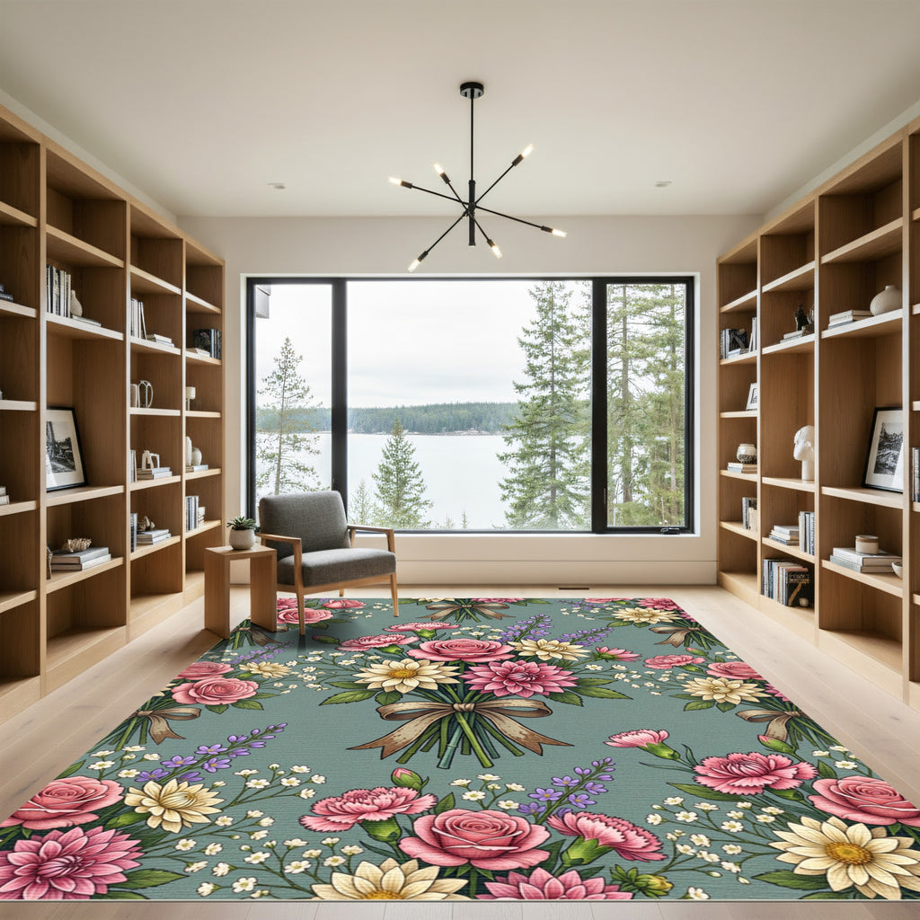 Vintage Pink Floral Bouquet Sage Rug