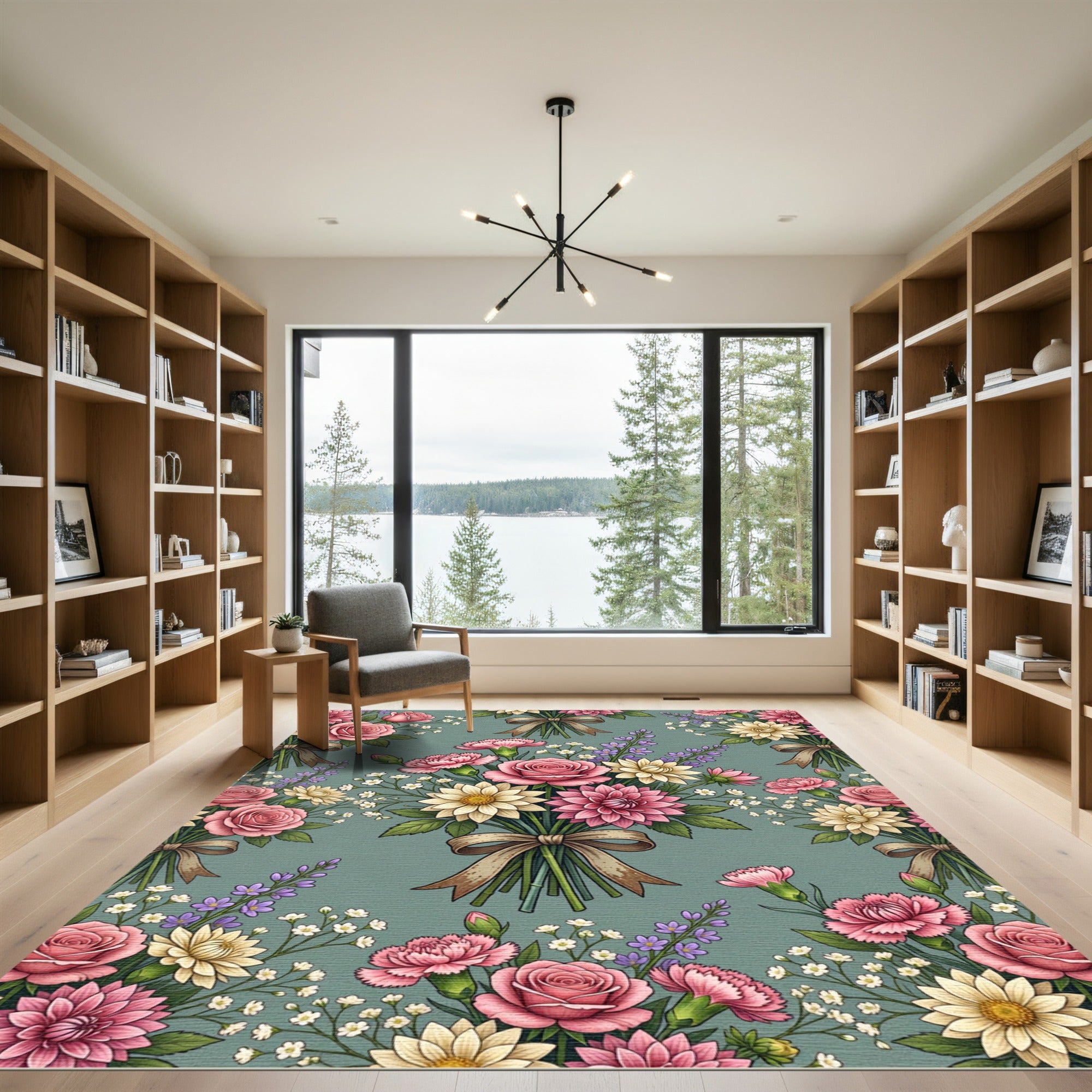 Vintage Pink Floral Bouquet Sage Rug