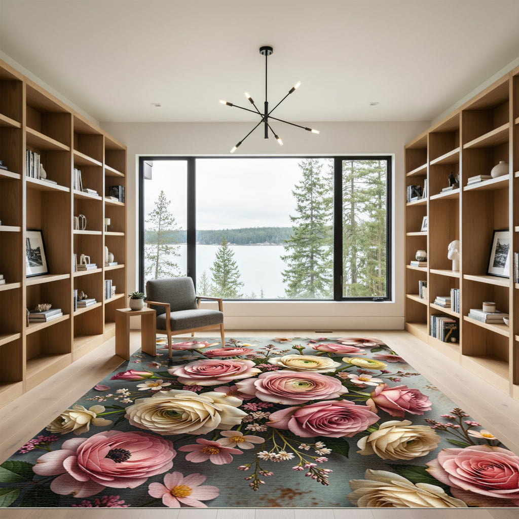 Pink Ivory Rose Bouquet Arrangement Rug