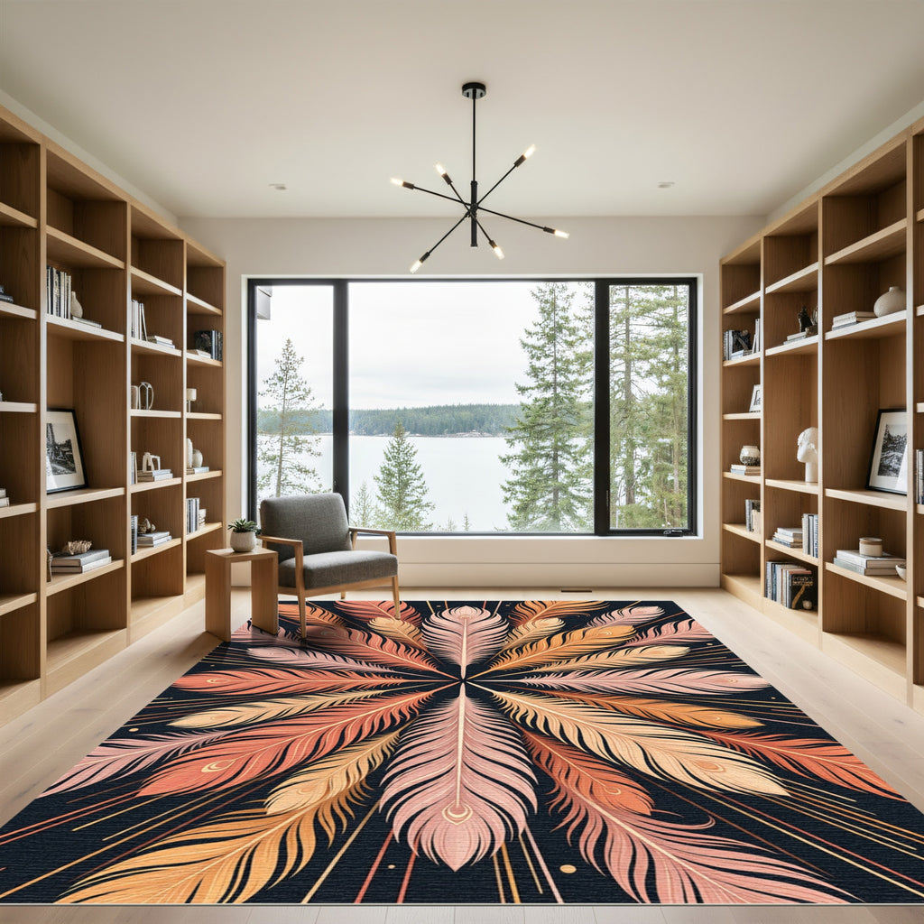 Radiant Peach Feather Radial Art Rug