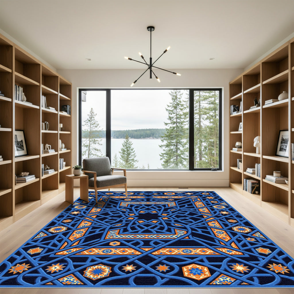 Intricate Navy and Amber Geometric Interlace Rug