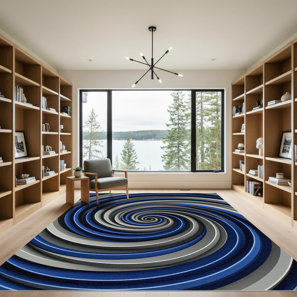 Modern Navy and Silver Hypnotic Swirl Rug