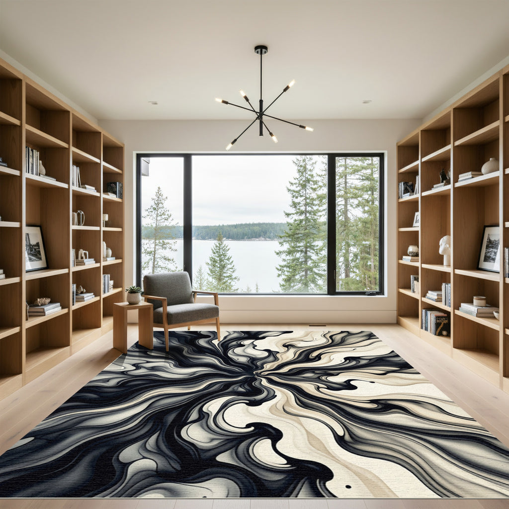 Monochrome Swirling Liquid Abstract Wave Rug