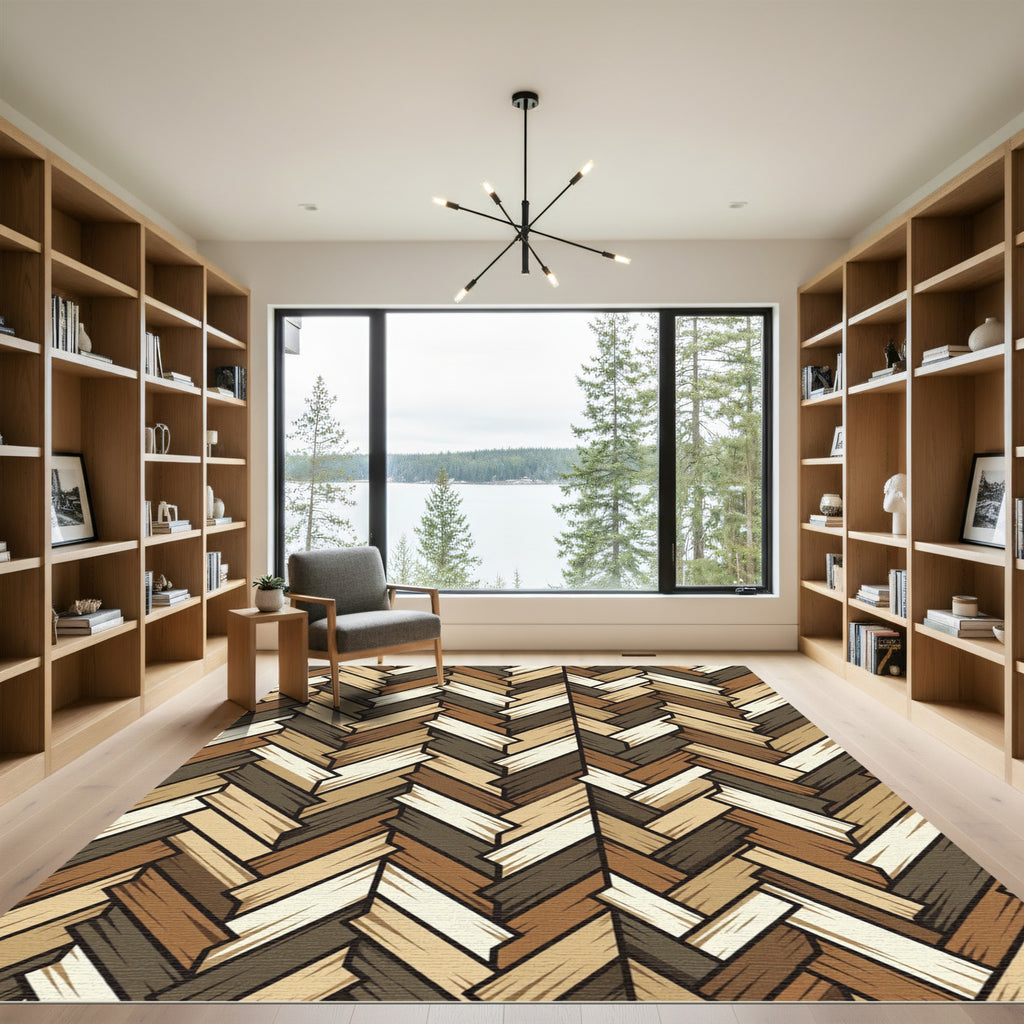 Neutral Earthy Herringbone Wood Grain Rug