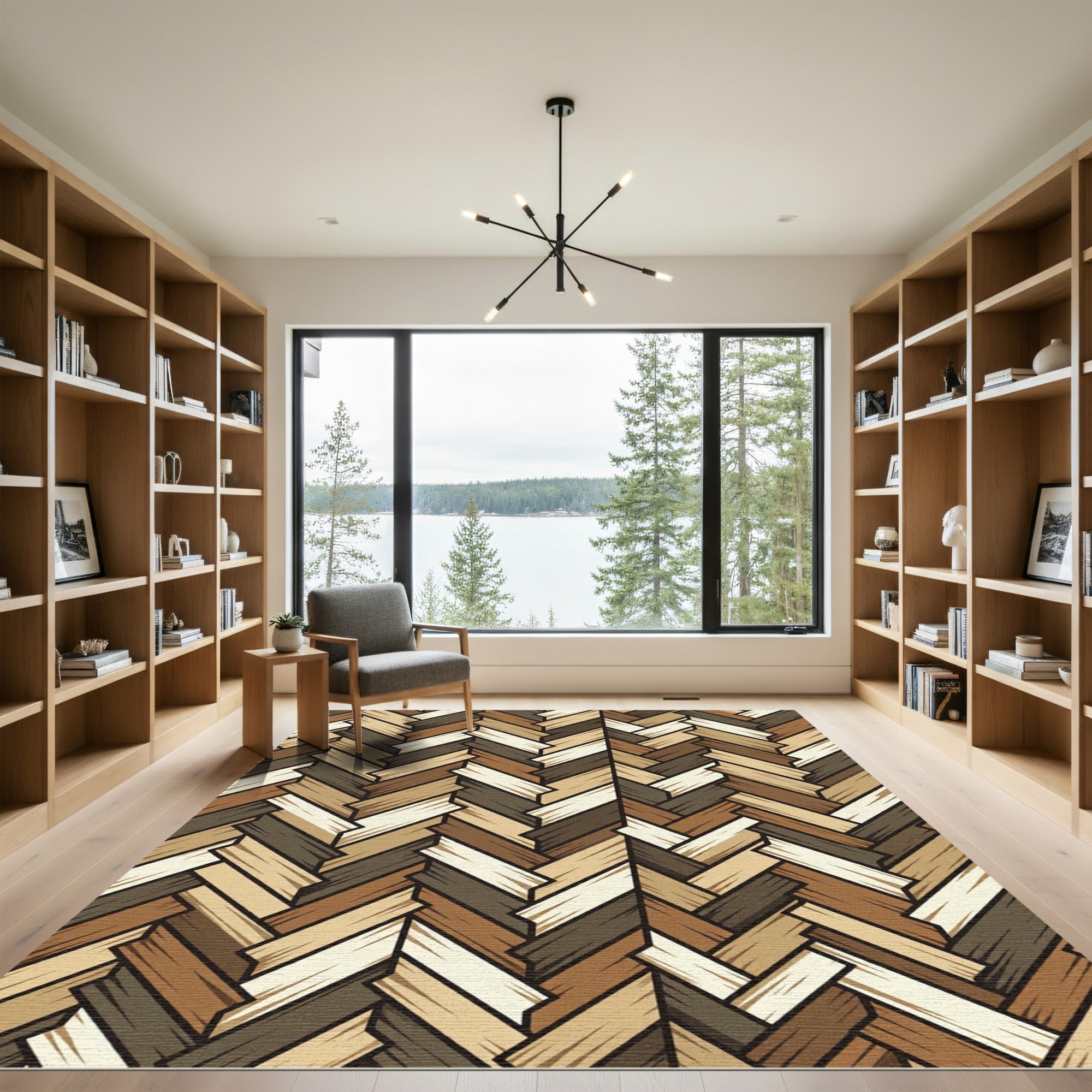Neutral Earthy Herringbone Wood Grain Rug