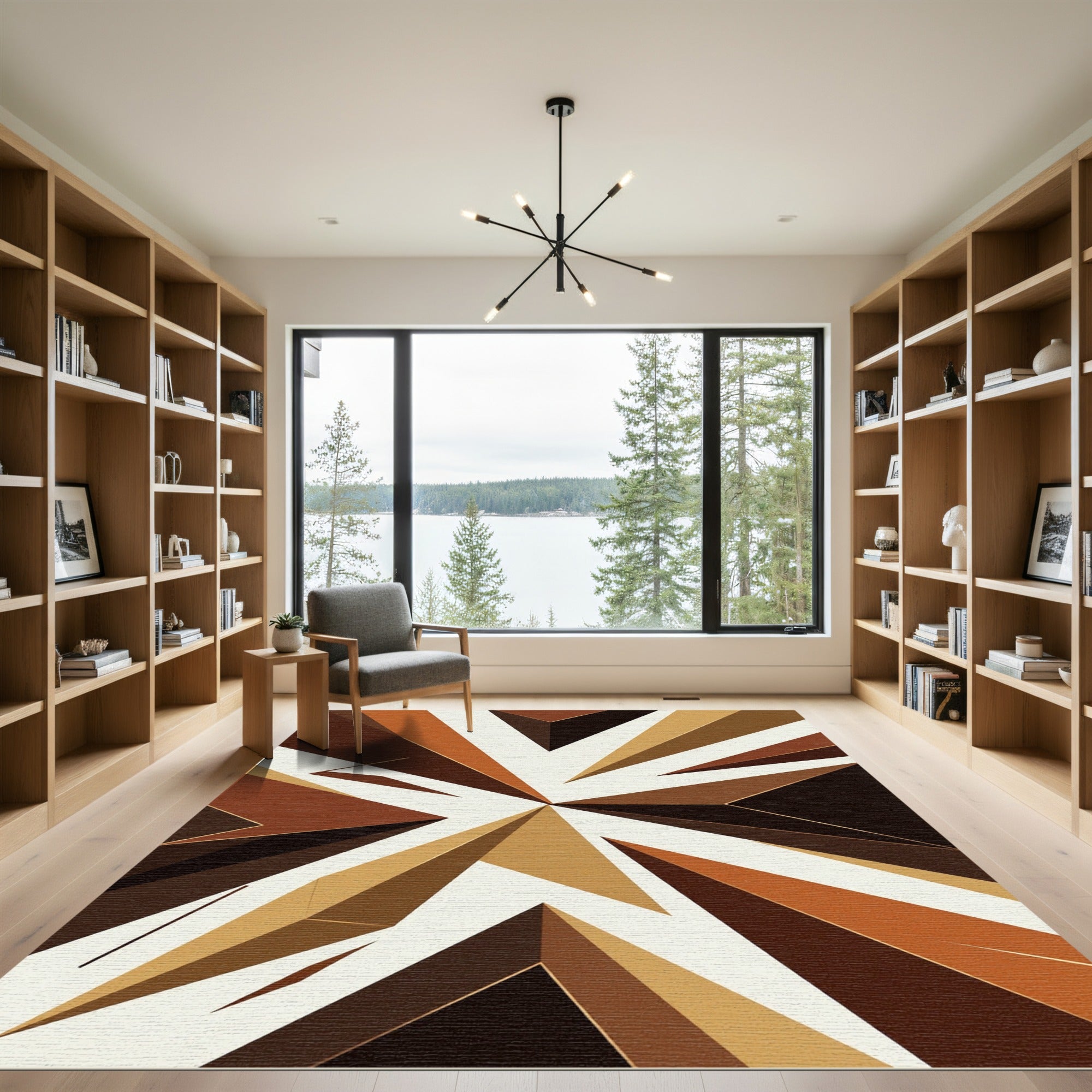 Abstract Geometric Copper Brown Starburst Rug