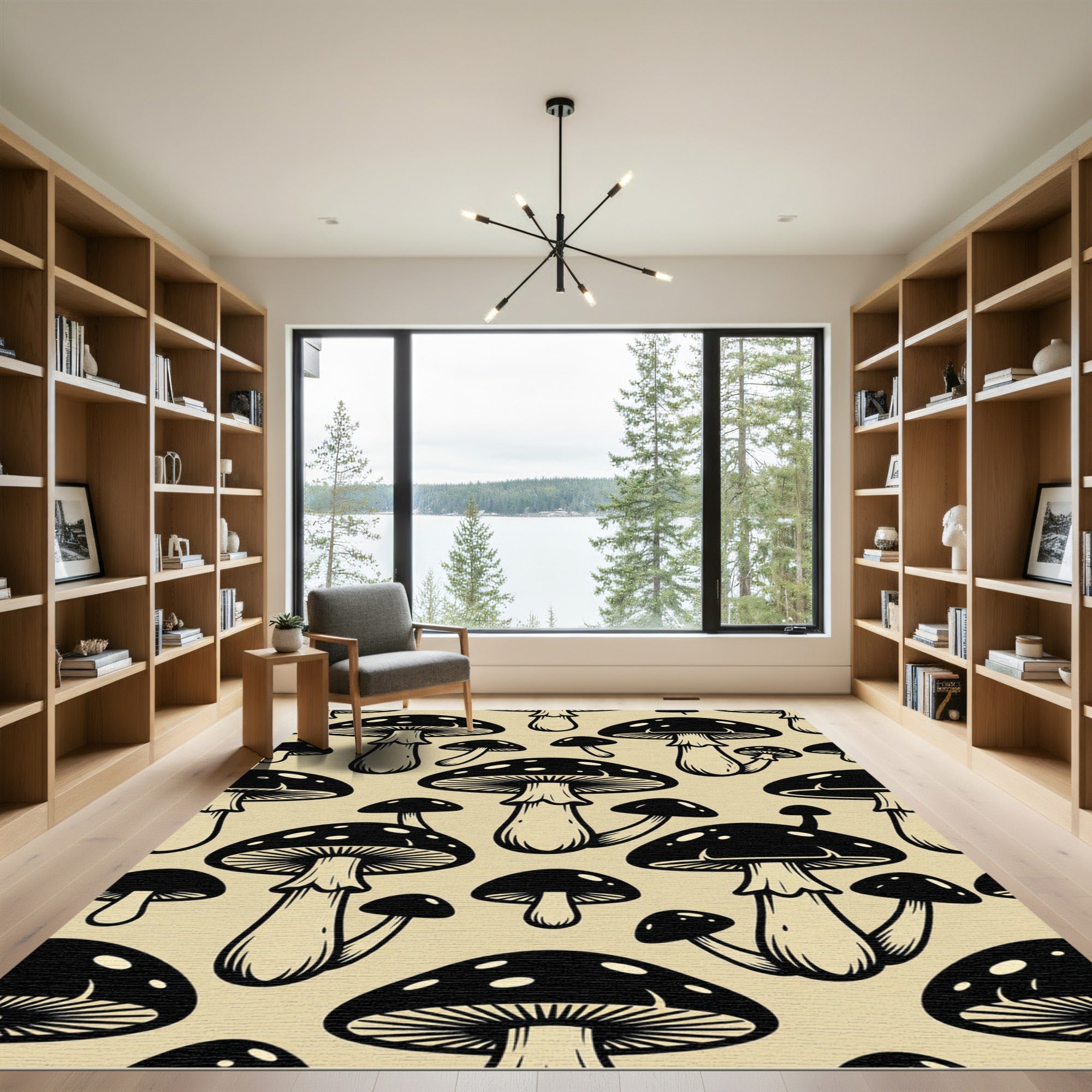 Black and Beige Toadstool Mushroom Illustration Rug