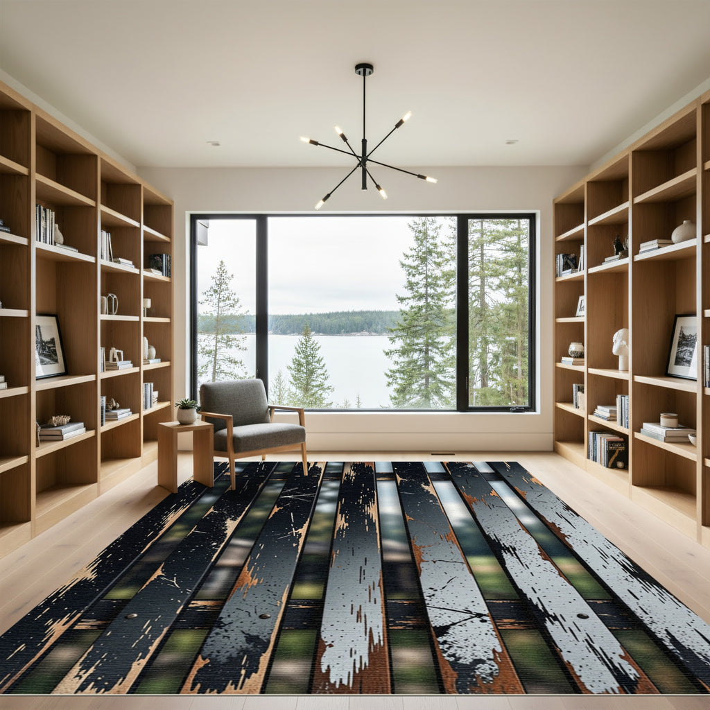 Distressed Black Wood Grain Vertical Rug