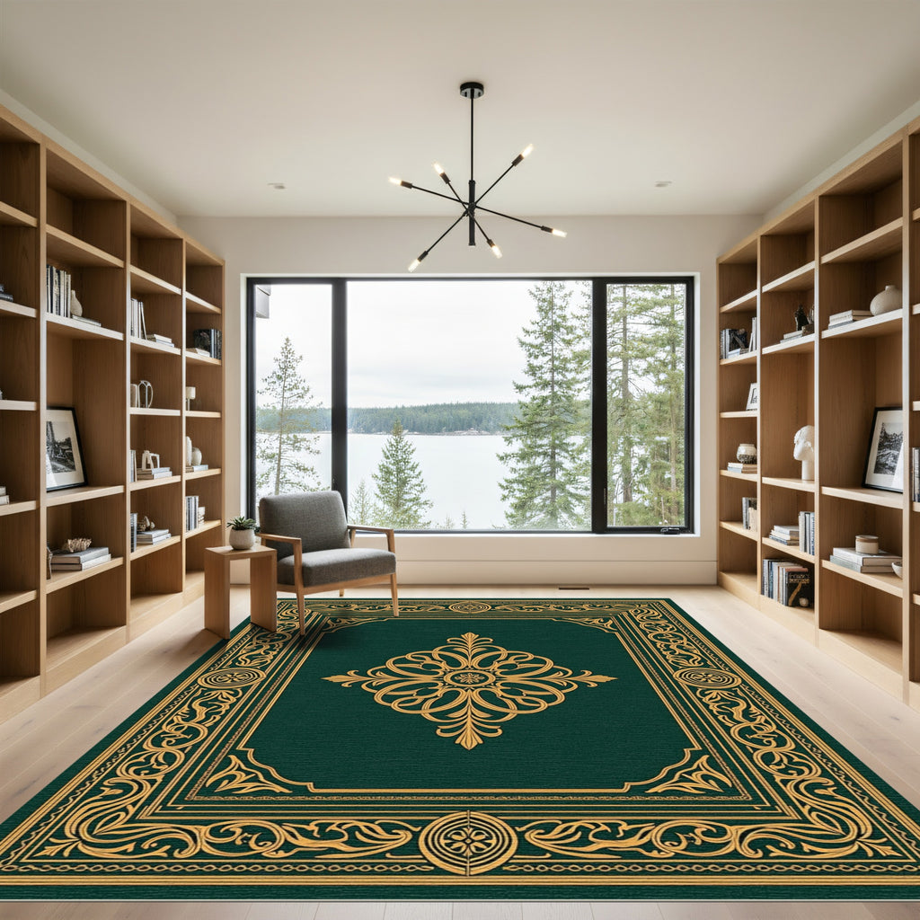 Dark Green Gold Frame Medallion Rug