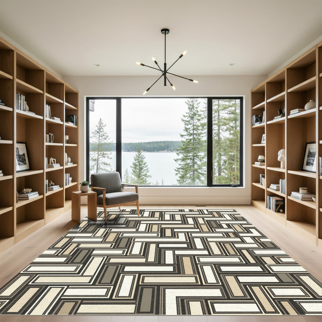 Neutral Earth Toned Geometric Inlay Rug