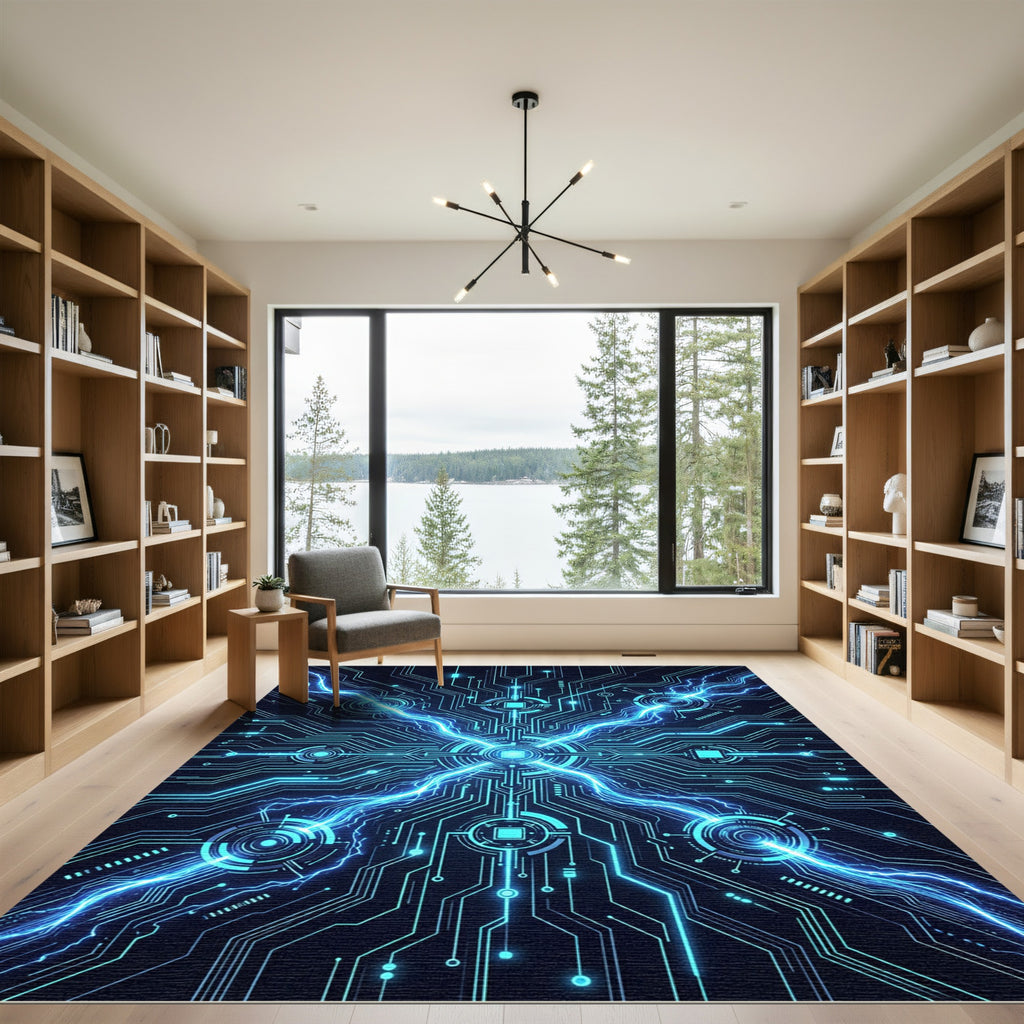 Neon Electric Circuit Nexus Glow Rug