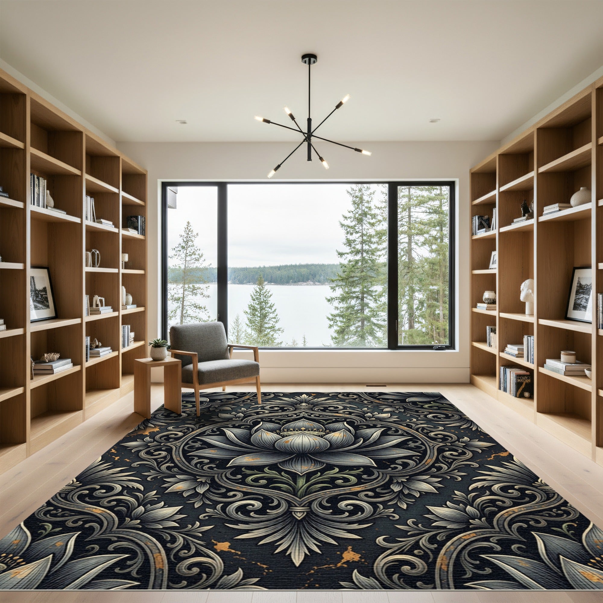 Dark Gray Lotus Bloom Damask Rug