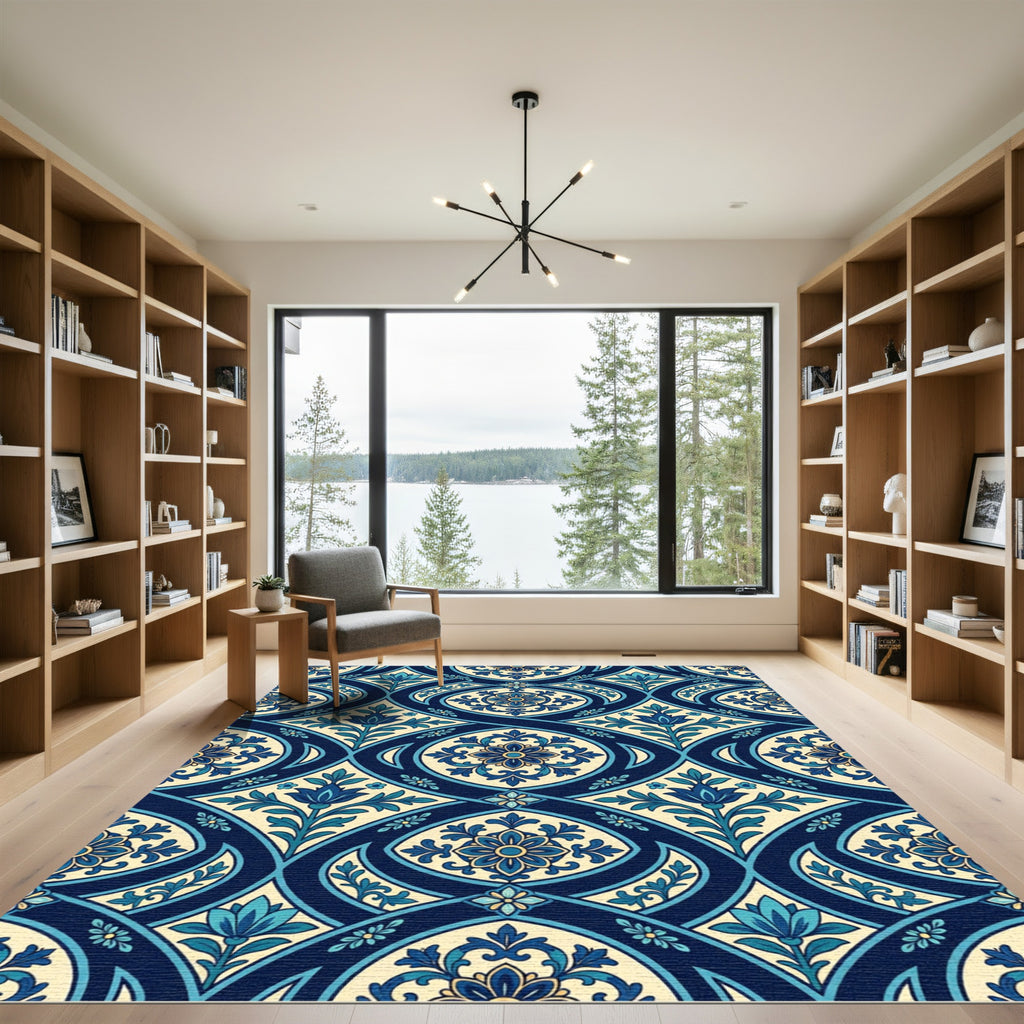 Navy Blue Golden Floral Arabesque Rug
