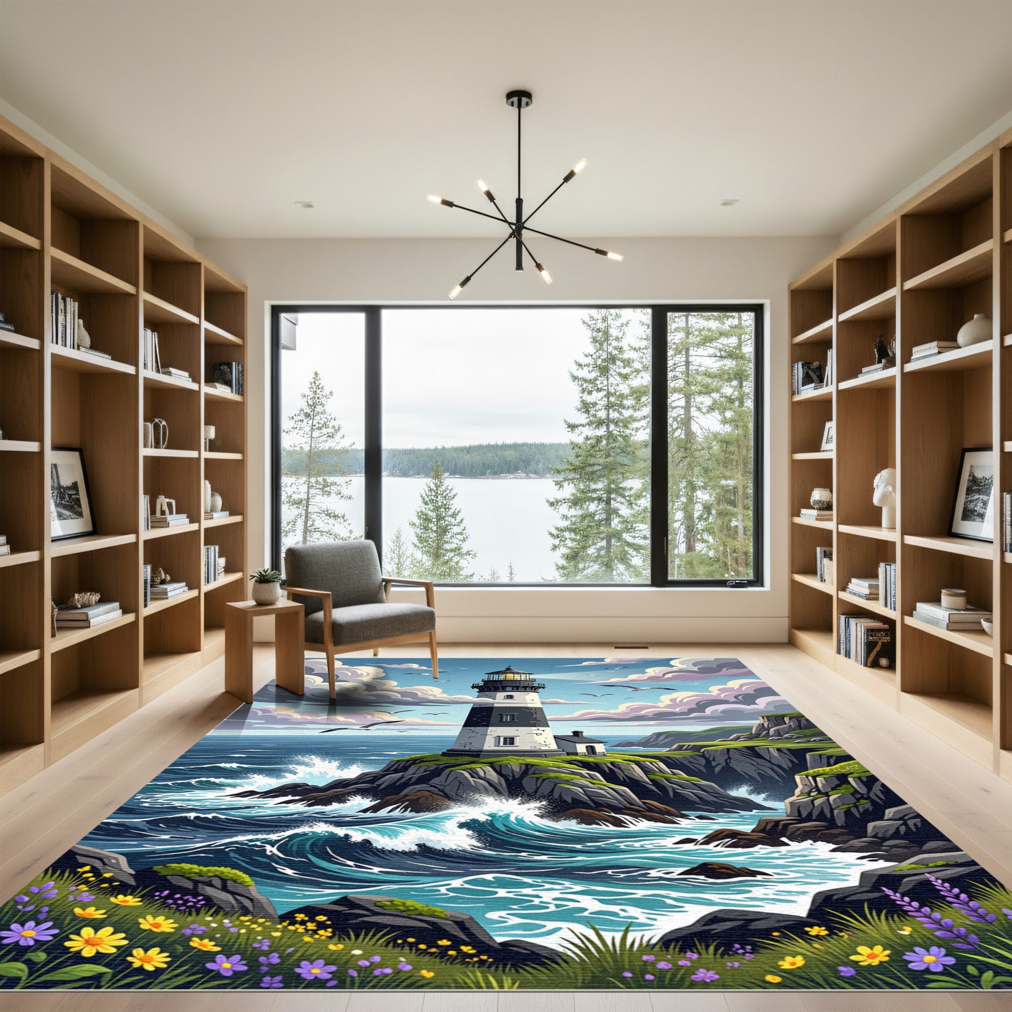 Coastal Lighthouse Rocky Cliff Scenic Landscape Rug