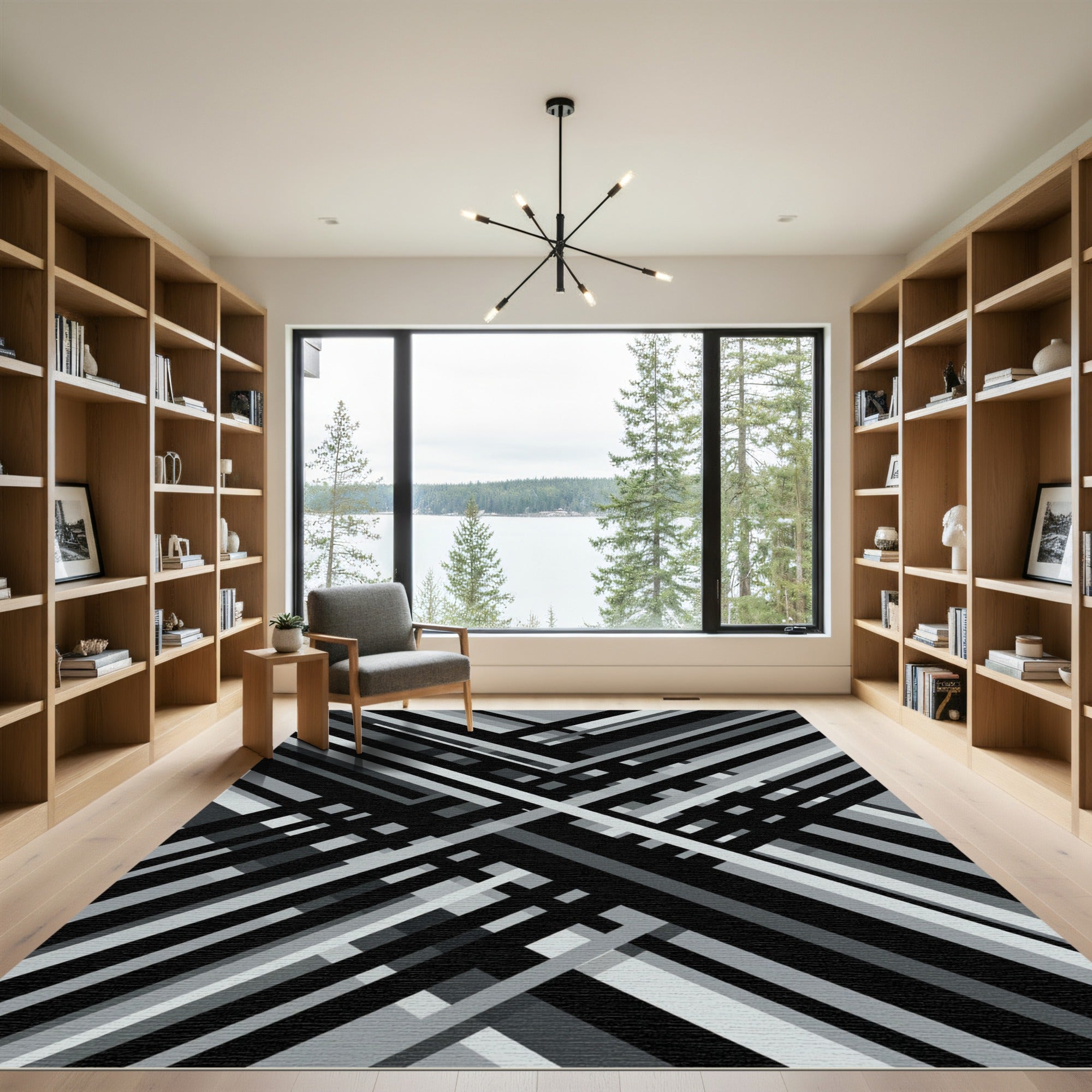 Monochrome Geometric Abstract Intersecting Line Art Rug