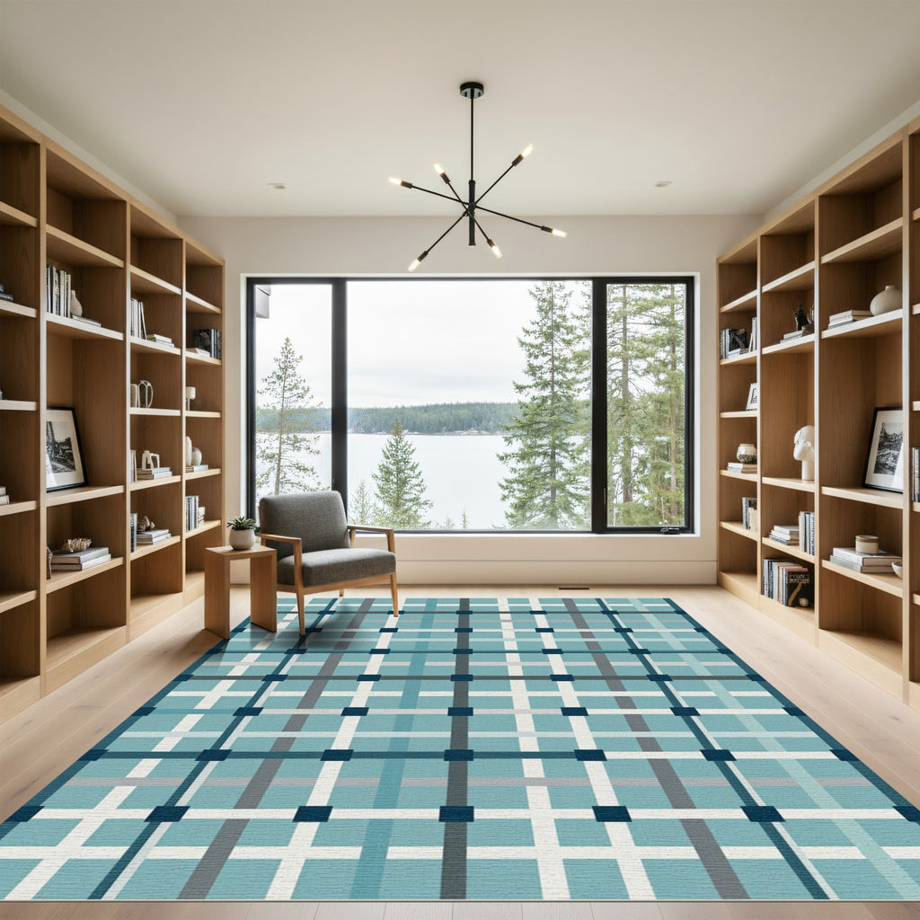 Contemporary Blue Grid Plaid Rug