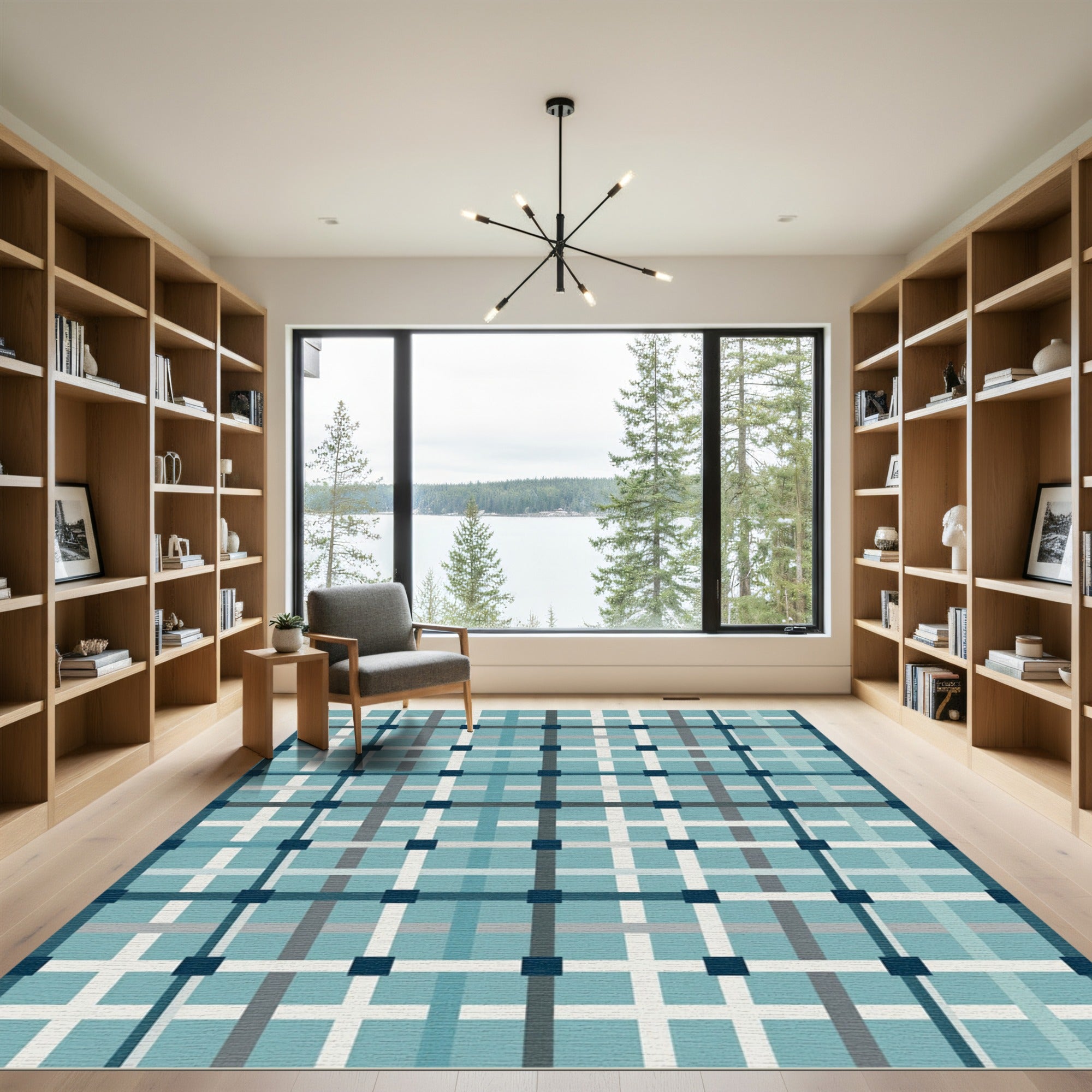 Contemporary Blue Grid Plaid Rug