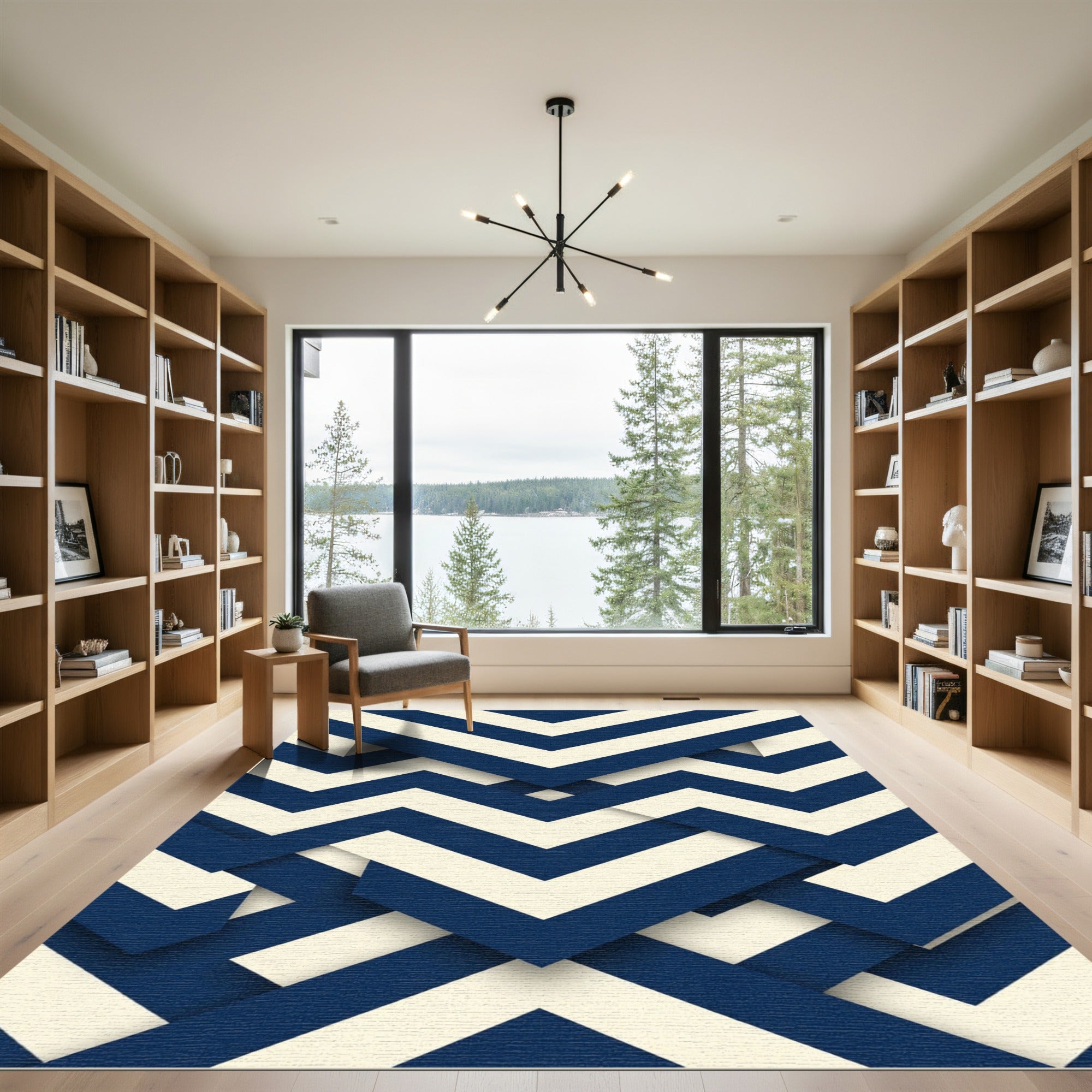 Modern Navy White Geometric Chevron Rug