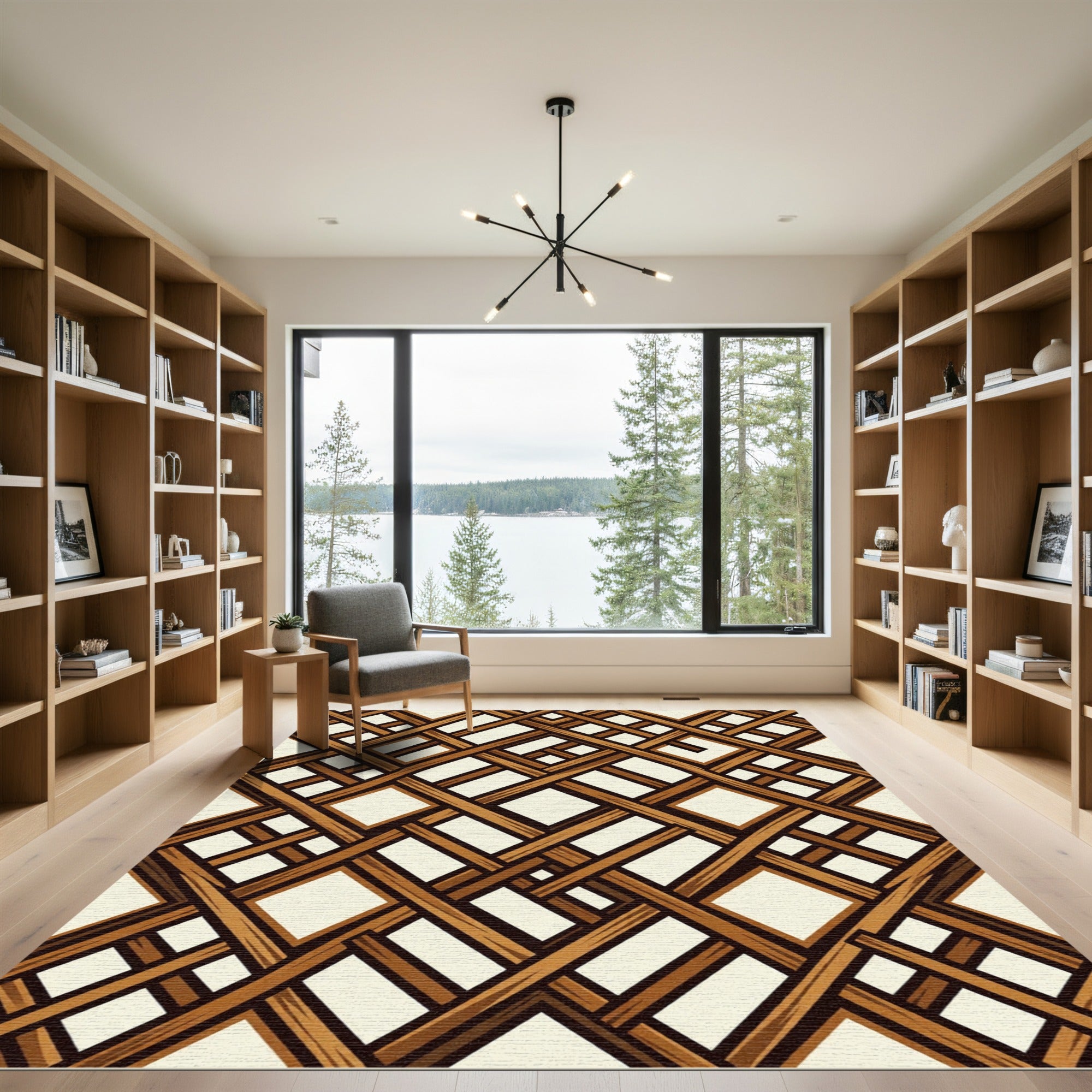 Wood Lattice Interlocking Geometric Pattern Rug