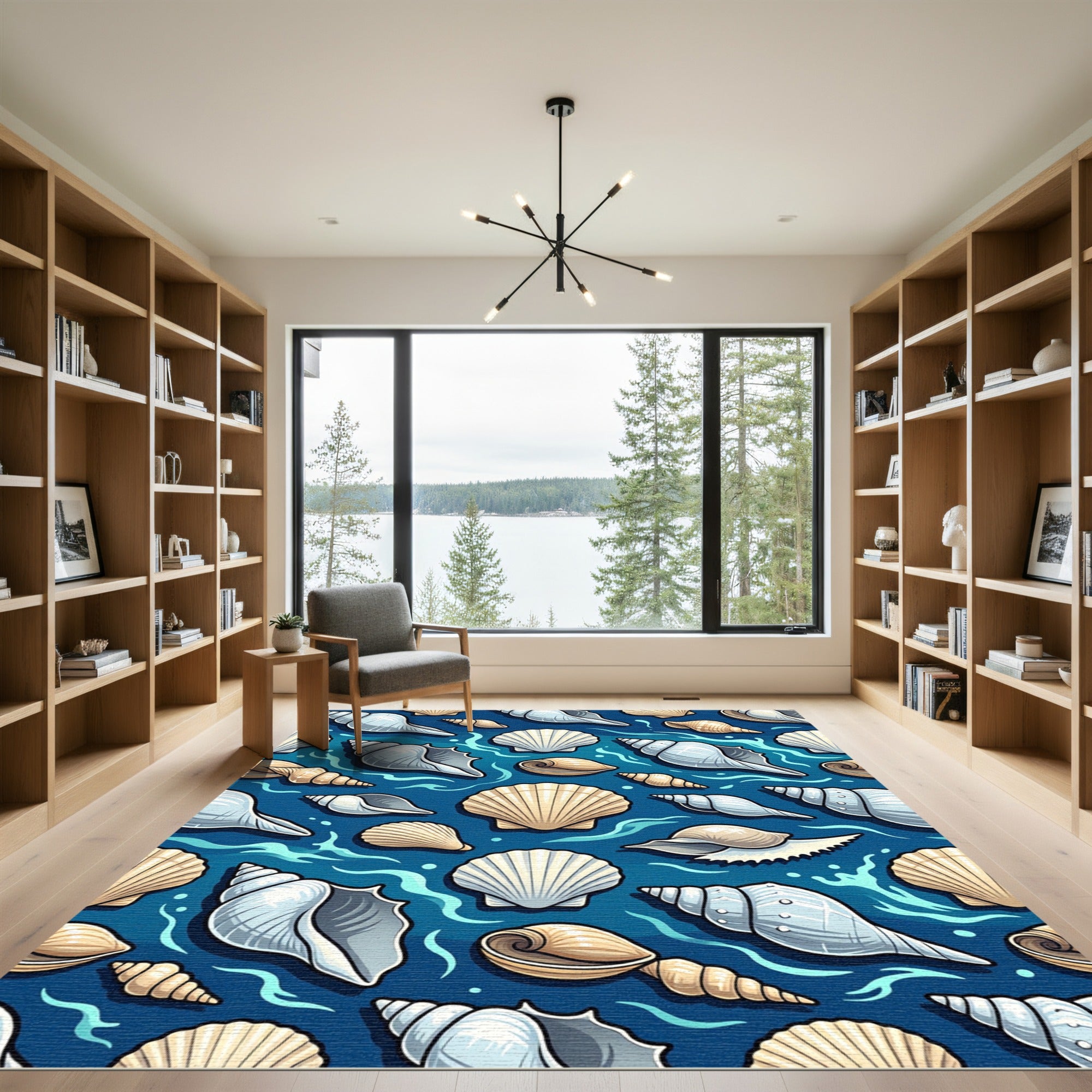 Coastal Blue Sea Shell Swirl Rug