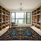 Ornate Gold Scrollwork Royal Blue Medallion Rug