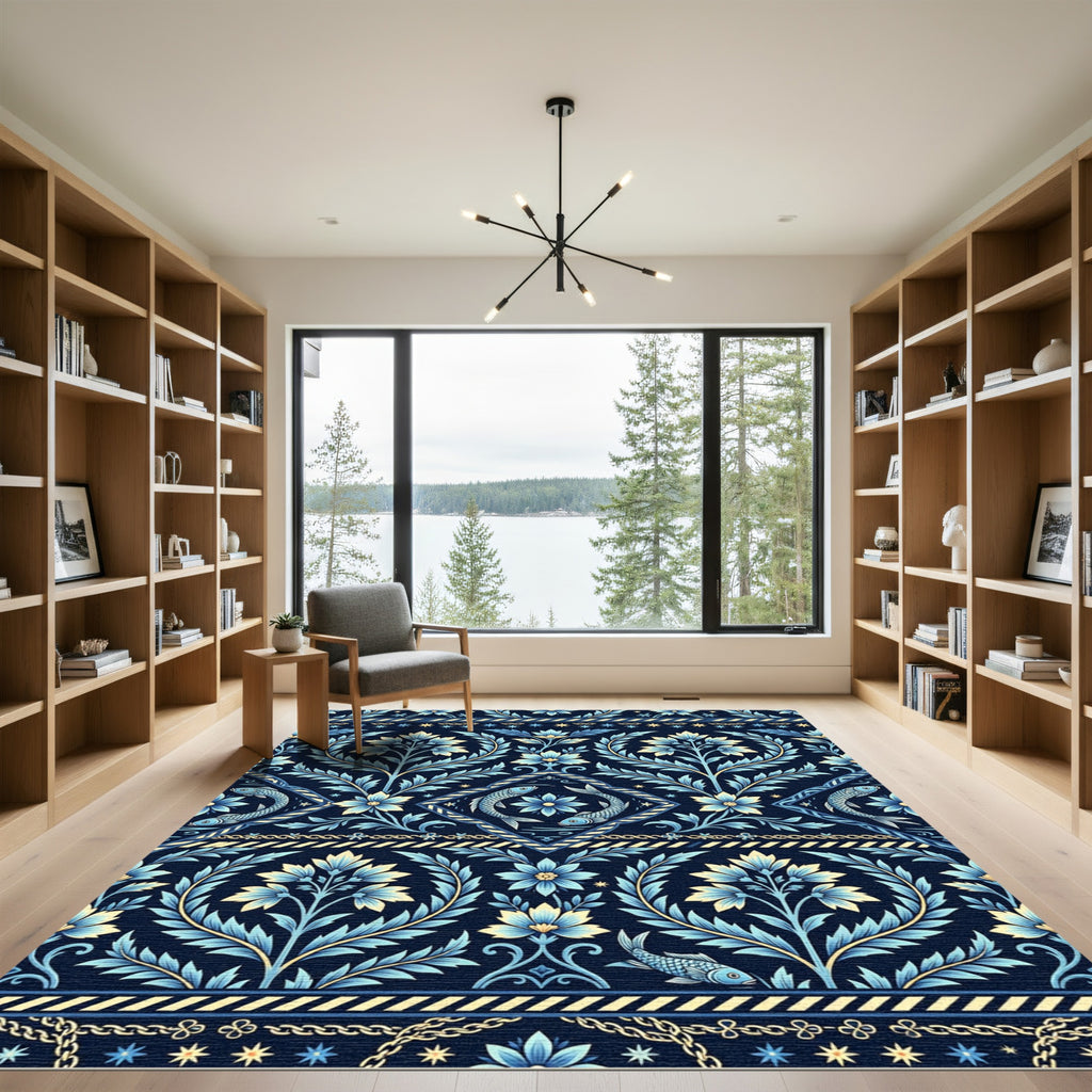 Deep Blue Floral Fish Medallion Garden Rug
