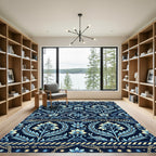 Deep Blue Floral Fish Medallion Garden Rug