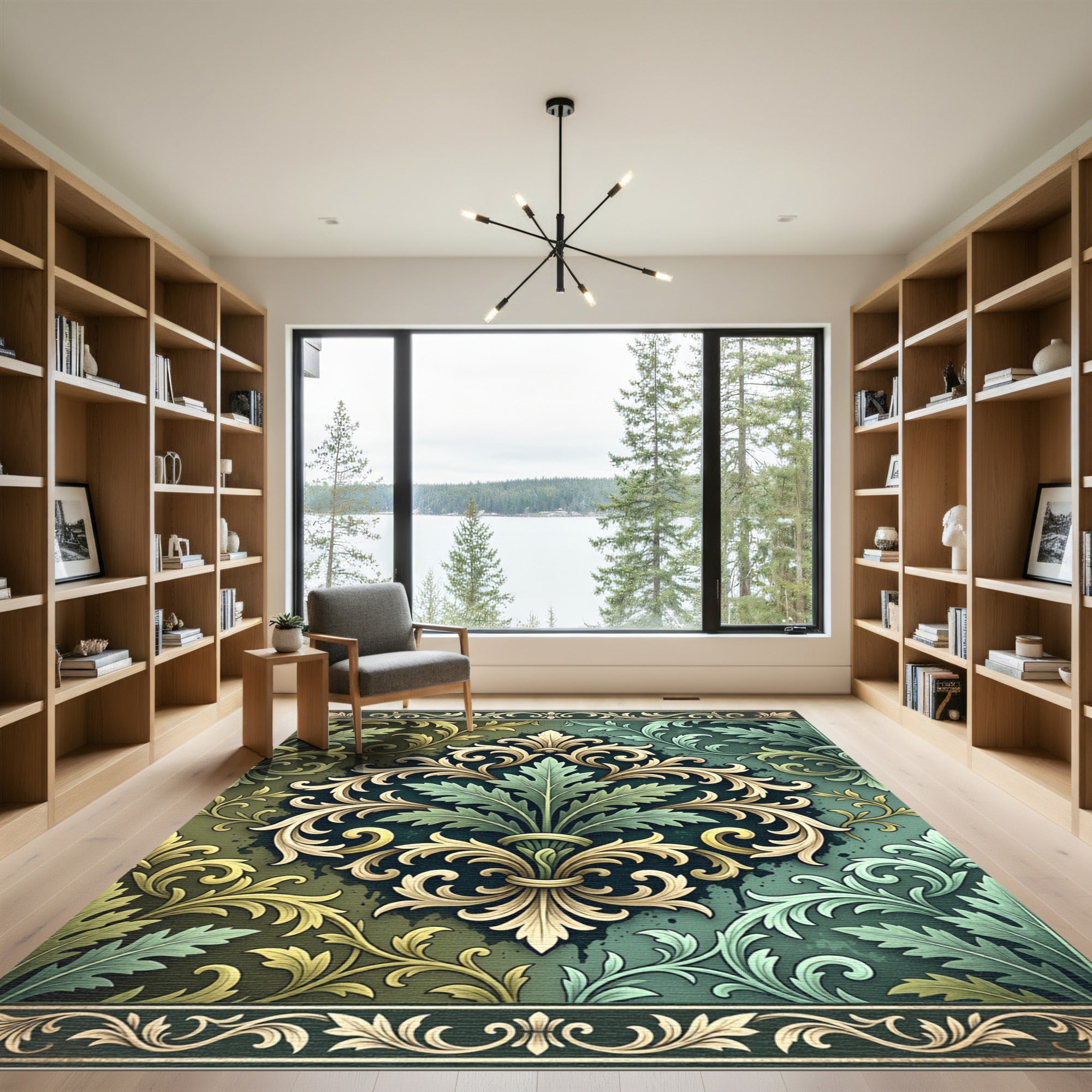 Ornate Sage and Gold Acanthus Scroll Rug