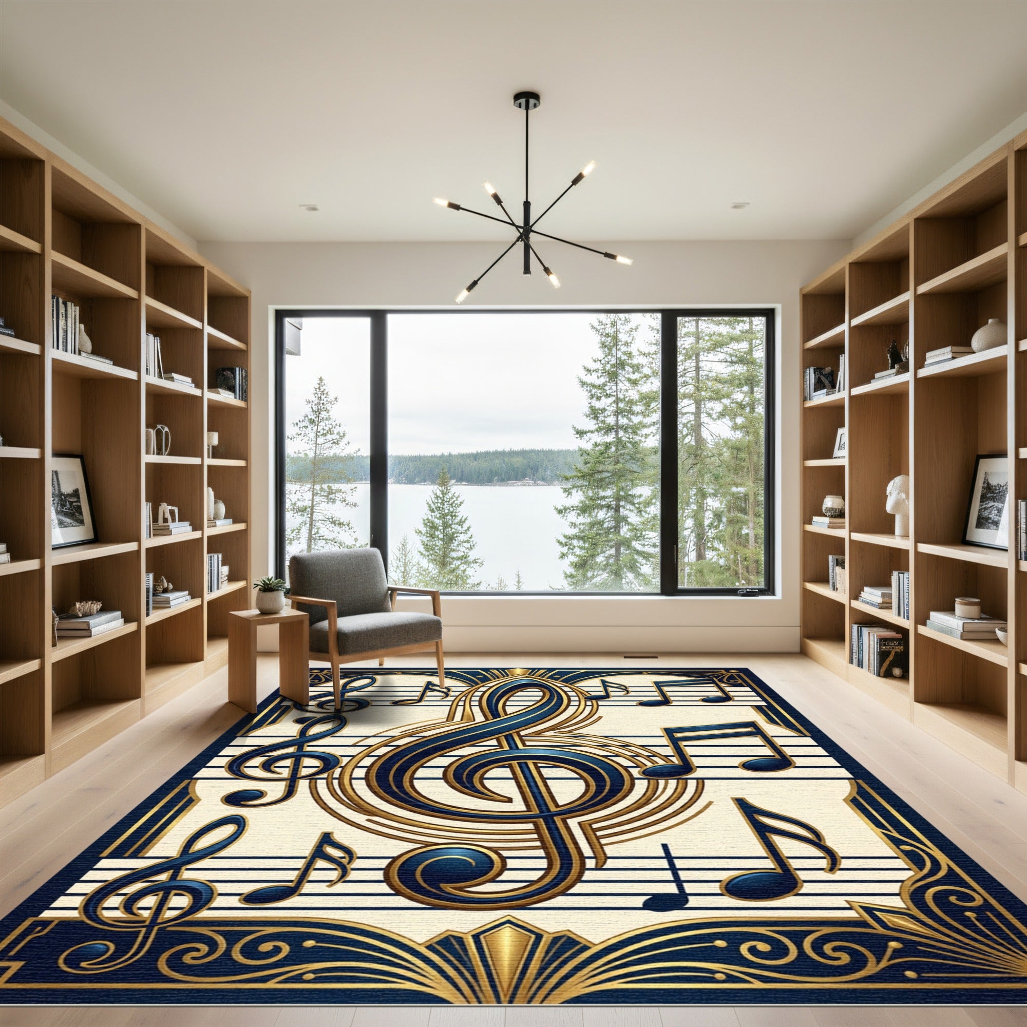 Art Deco Navy and Gold Music Note Rug