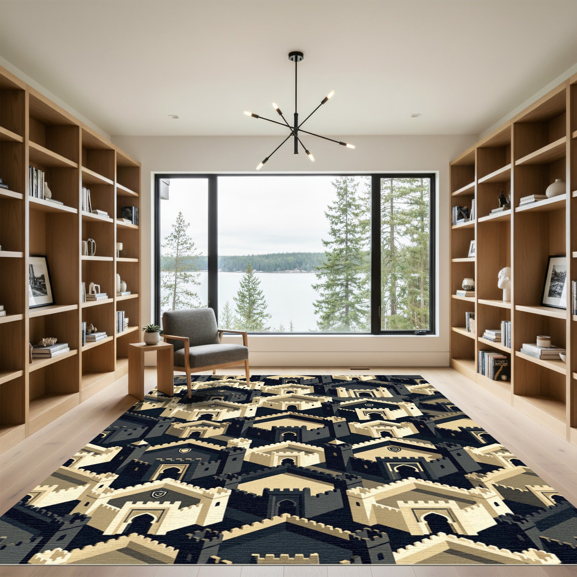 Isometric Monochrome Castle Geometric Grid Rug