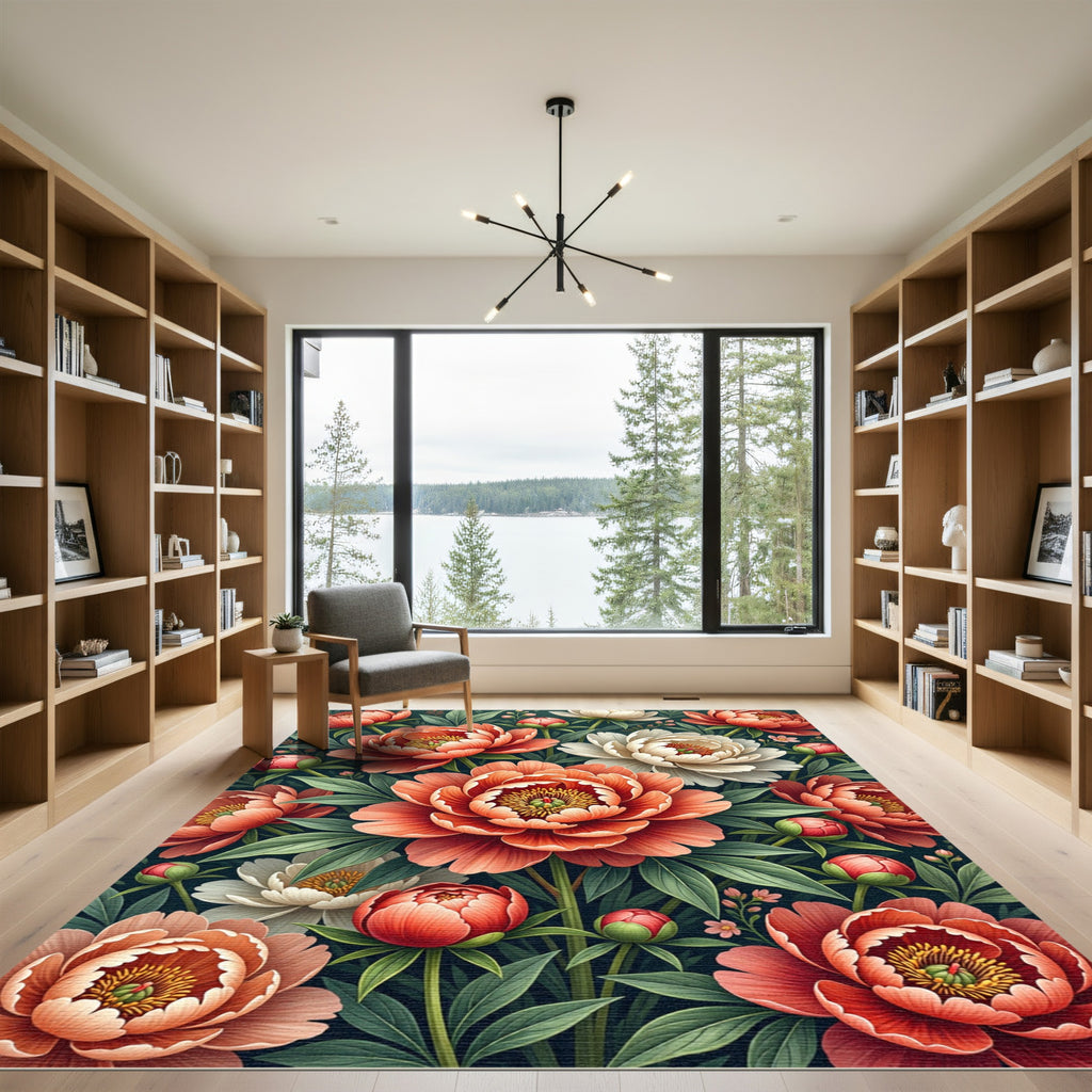 Coral Orange Peony Floral Garden Rug