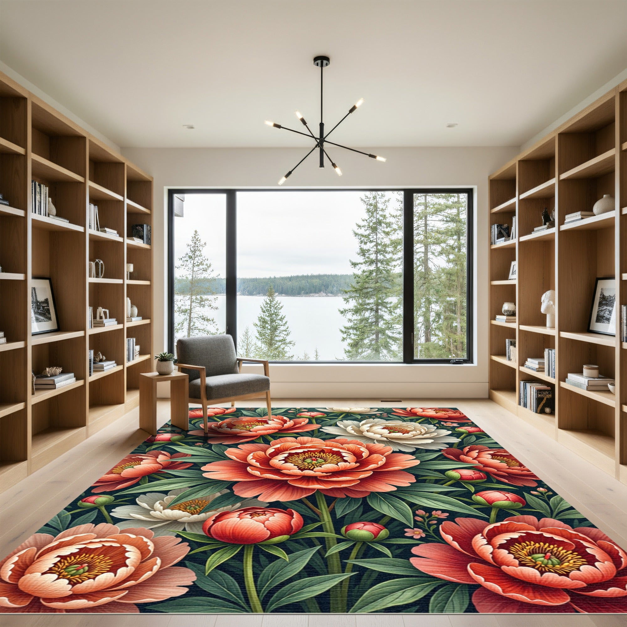 Coral Orange Peony Floral Garden Rug