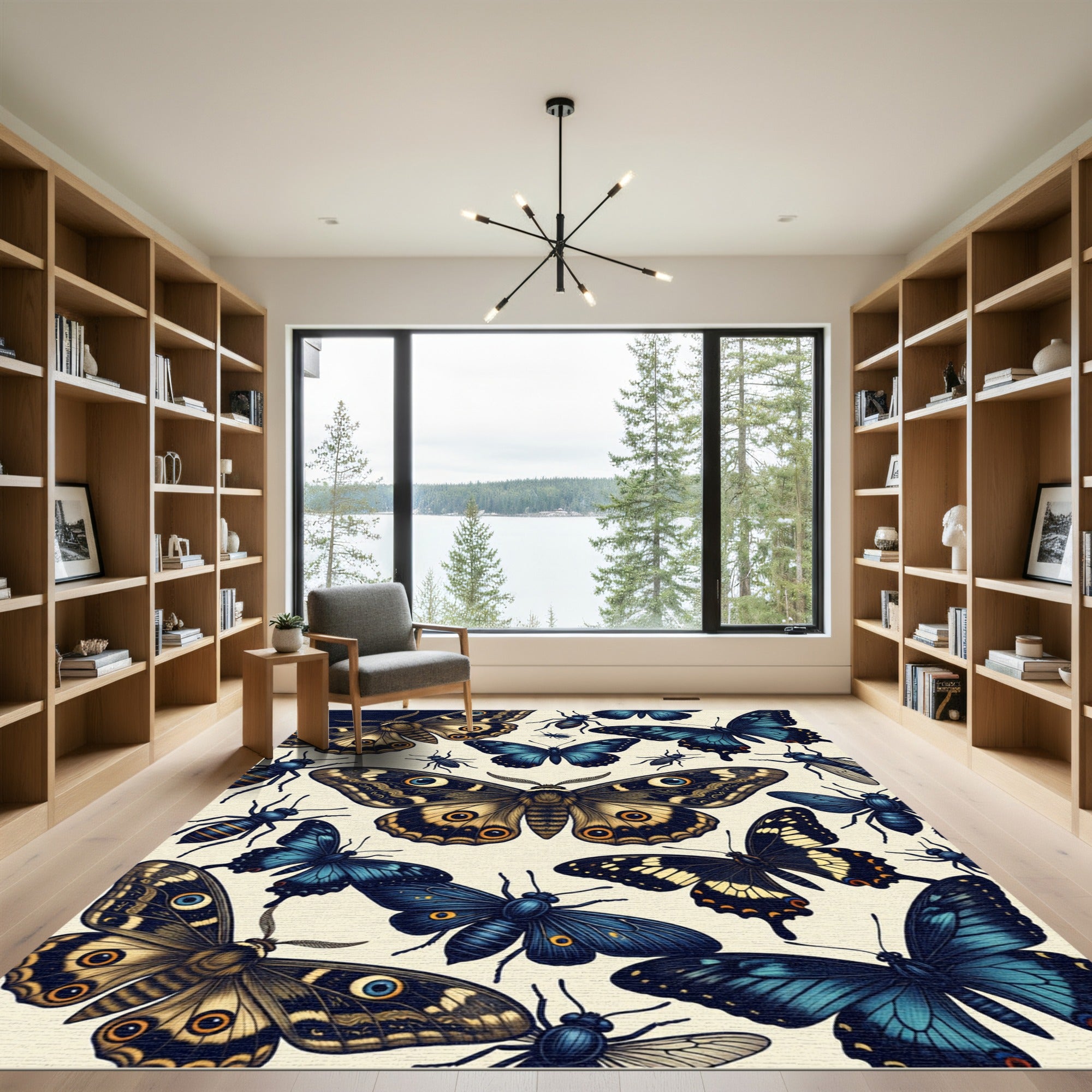 Whimsical Blue and Golden Butterfly Meadow Rug