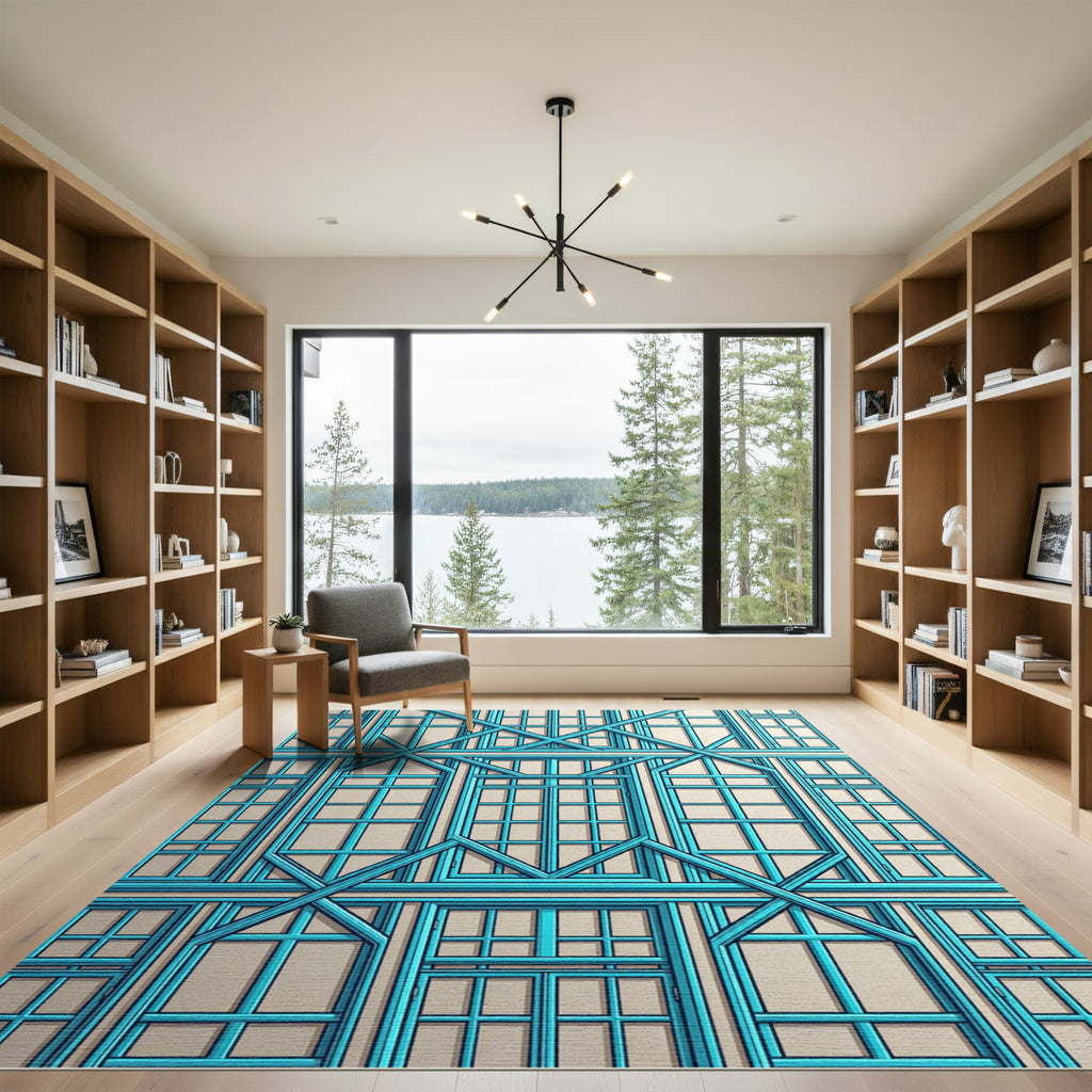 Blue Geometric Lattice Window Rug