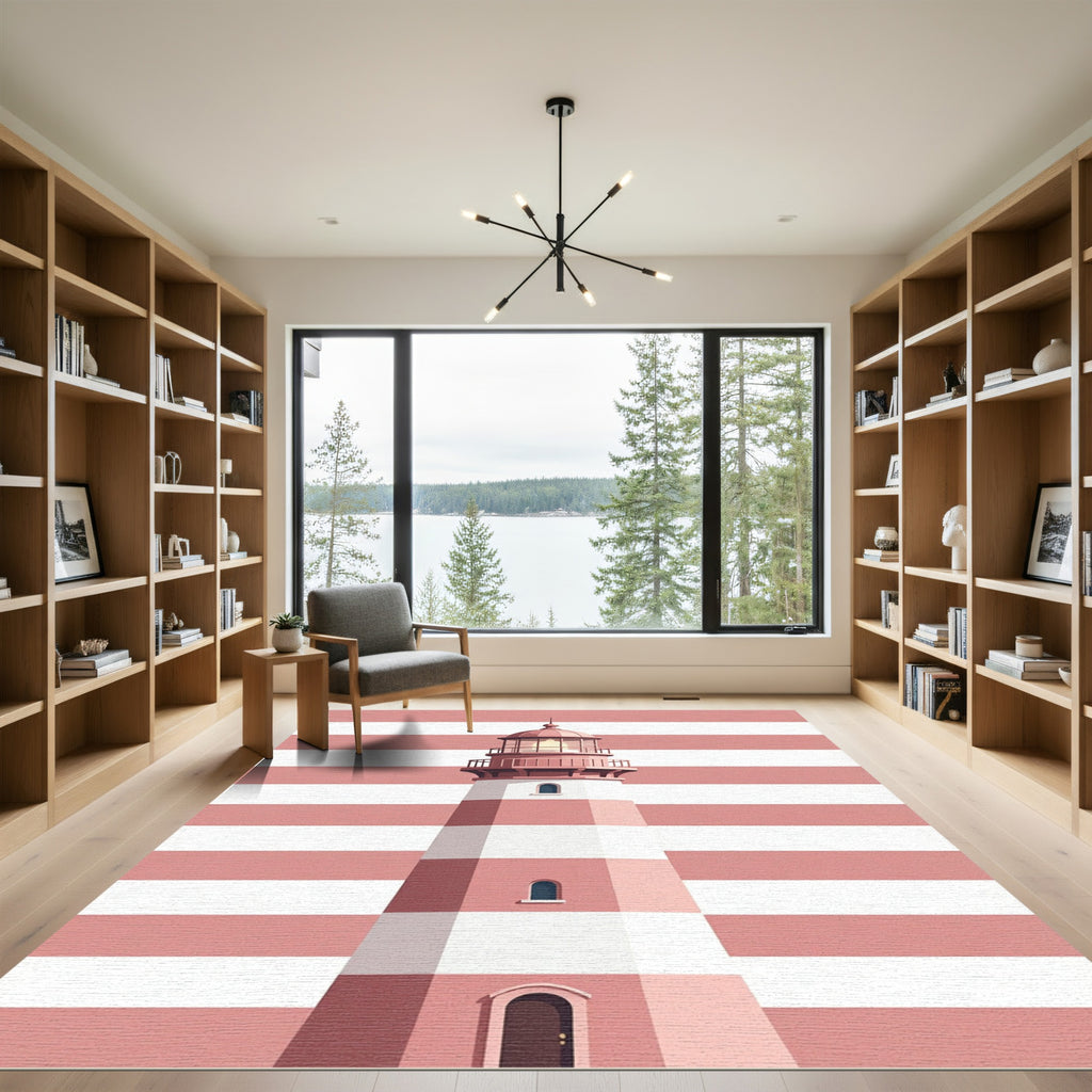 Pink Striped Lighthouse Illustration Rug
