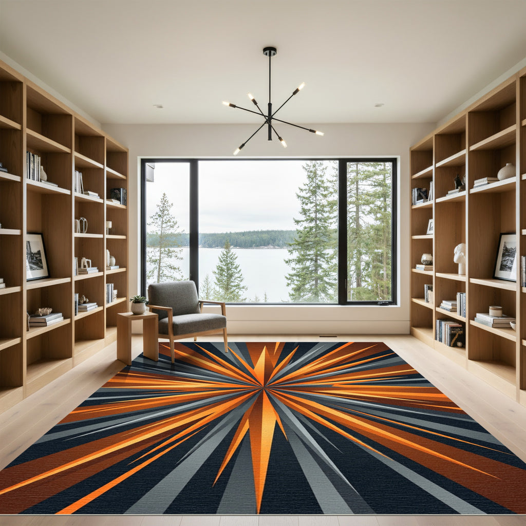 Abstract Orange and Gray Sunburst Rug