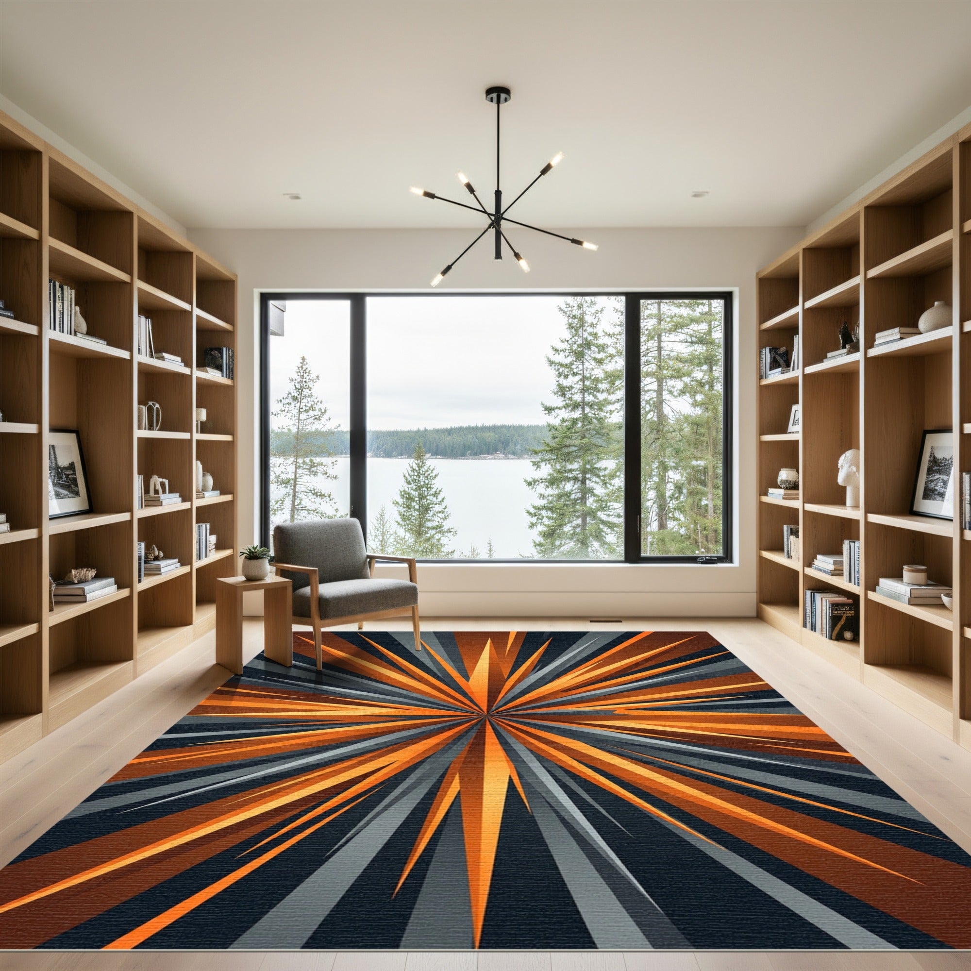 Abstract Orange and Gray Sunburst Rug