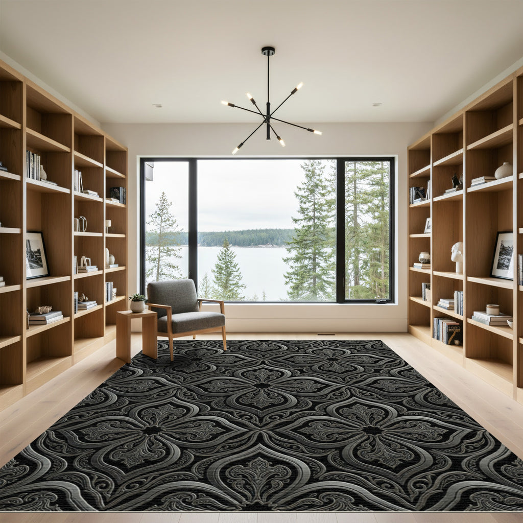 Ornate Silver Arabesque Scroll Rug
