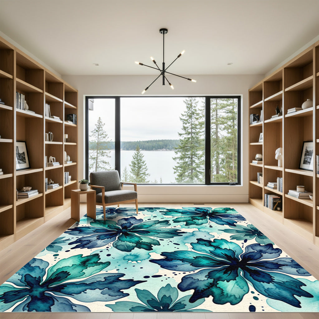 Watercolor Teal Blue Floral Arrangement Rug