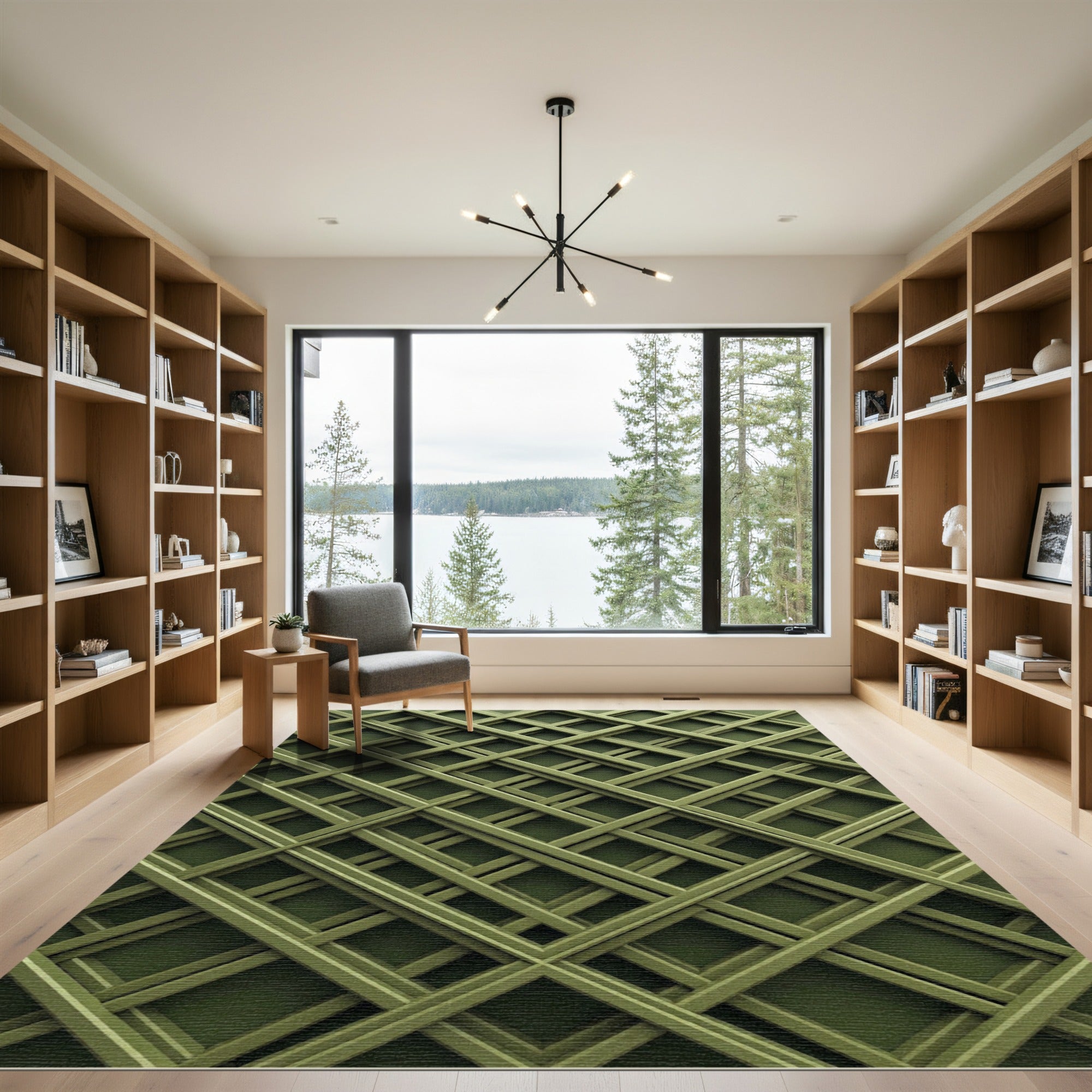 Olive Green Overlapping Geometric Grid Rug