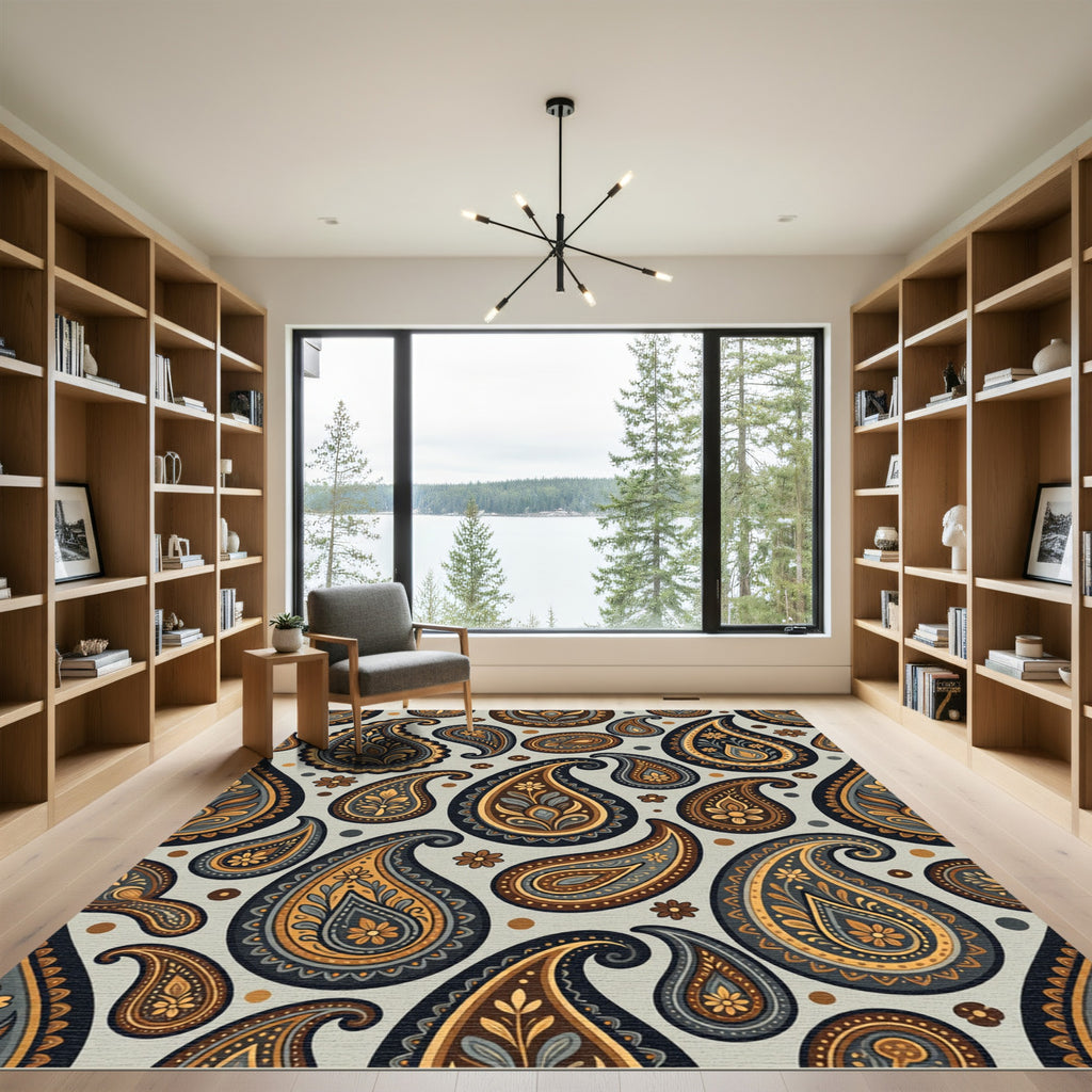 Elegant Gold and Slate Paisley Scroll Rug