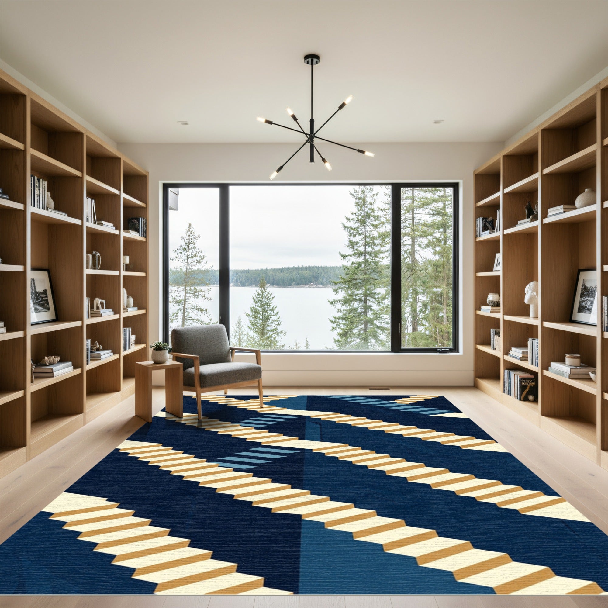 Geometric Isometric Staircase Navy Gold Rug