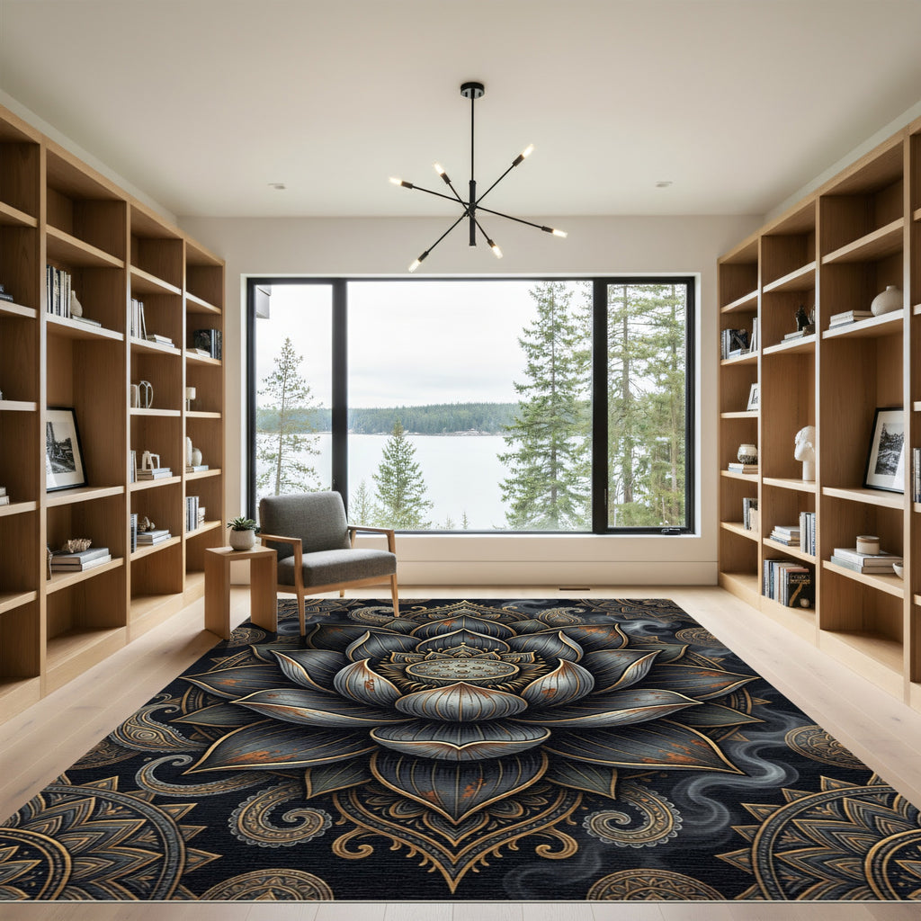 Metallic Charcoal Gold Lotus Mandala Rug