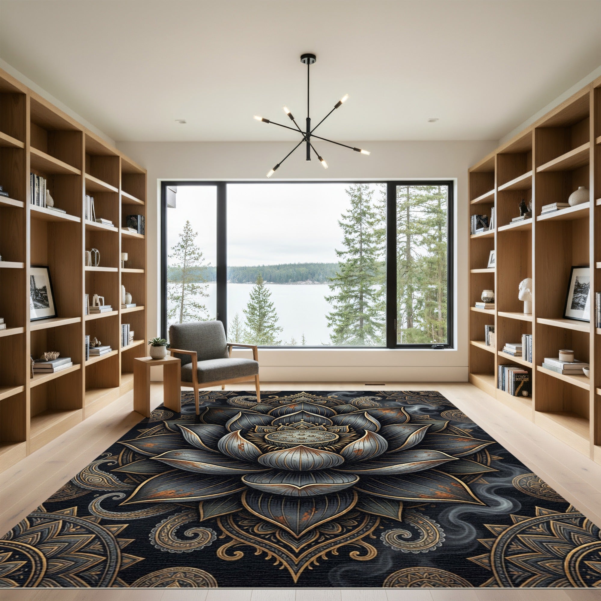 Metallic Charcoal Gold Lotus Mandala Rug