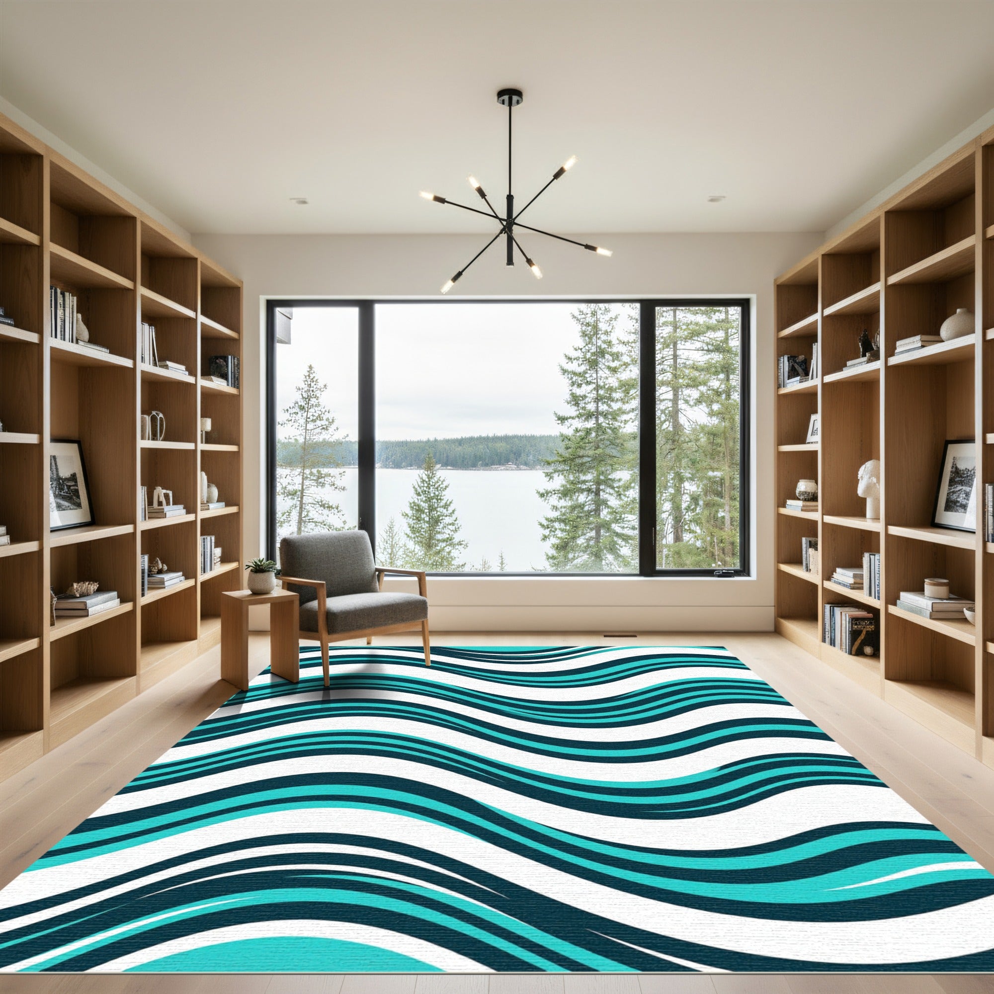 Modern Teal and Navy Wavy Lines Rug